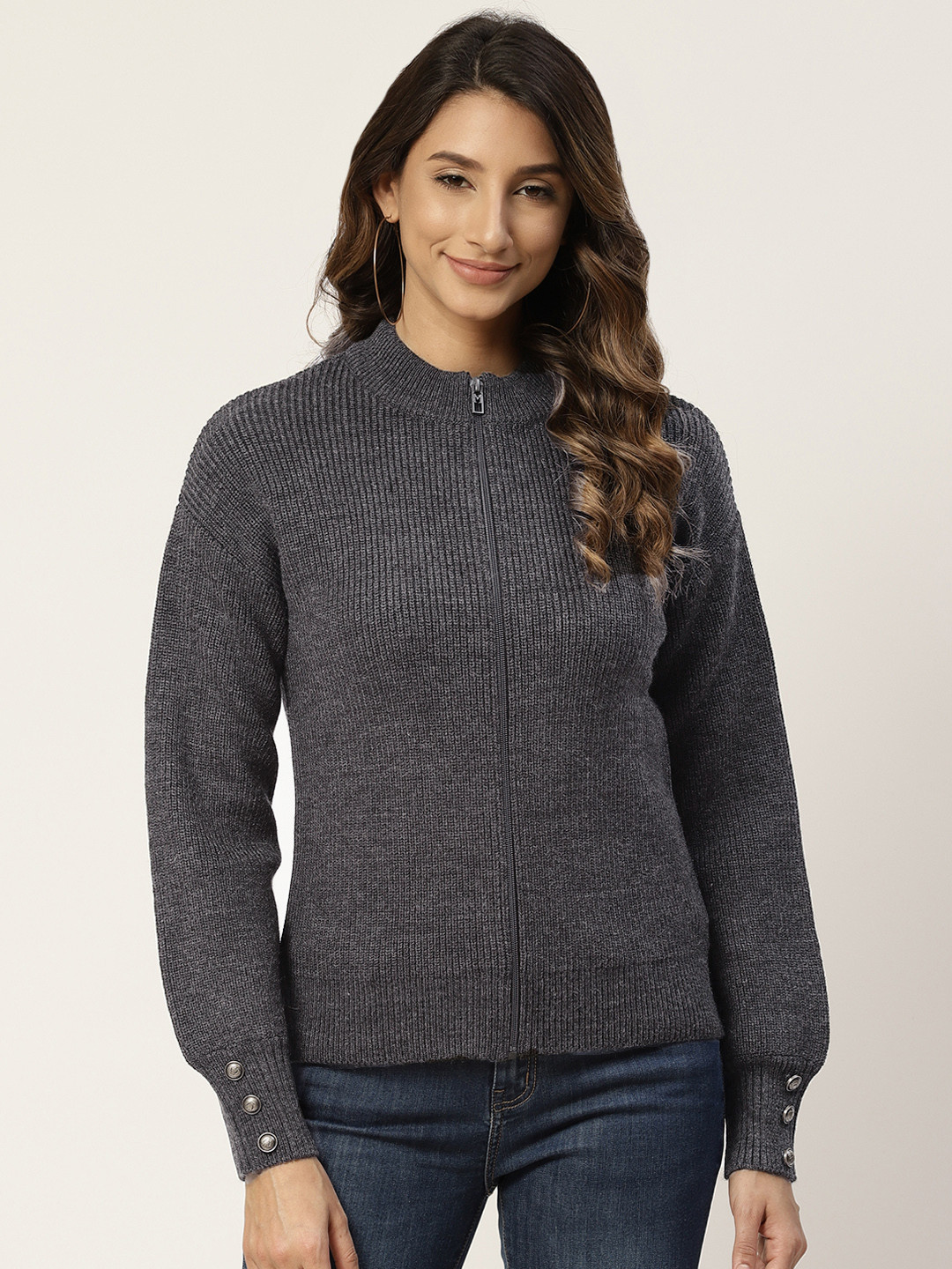 Buy Madame Women Solid Charcoal Grey Cardigan With Button Detail