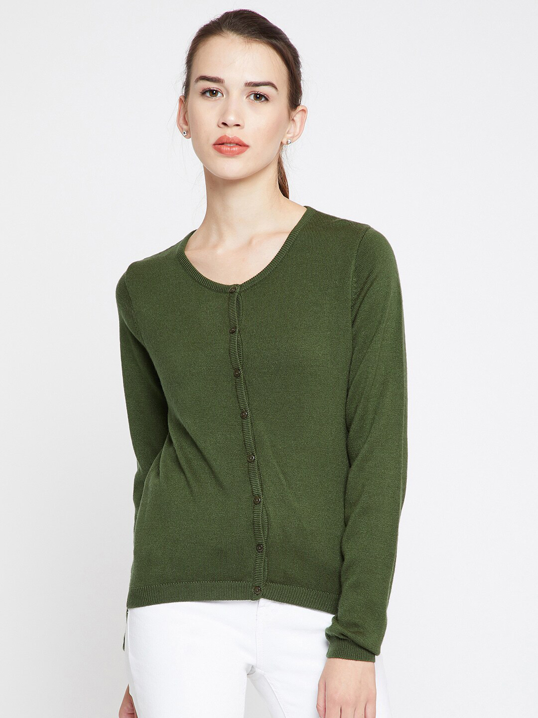 Buy Madame Women Olive Green Wool Cardigan Sweaters for Women