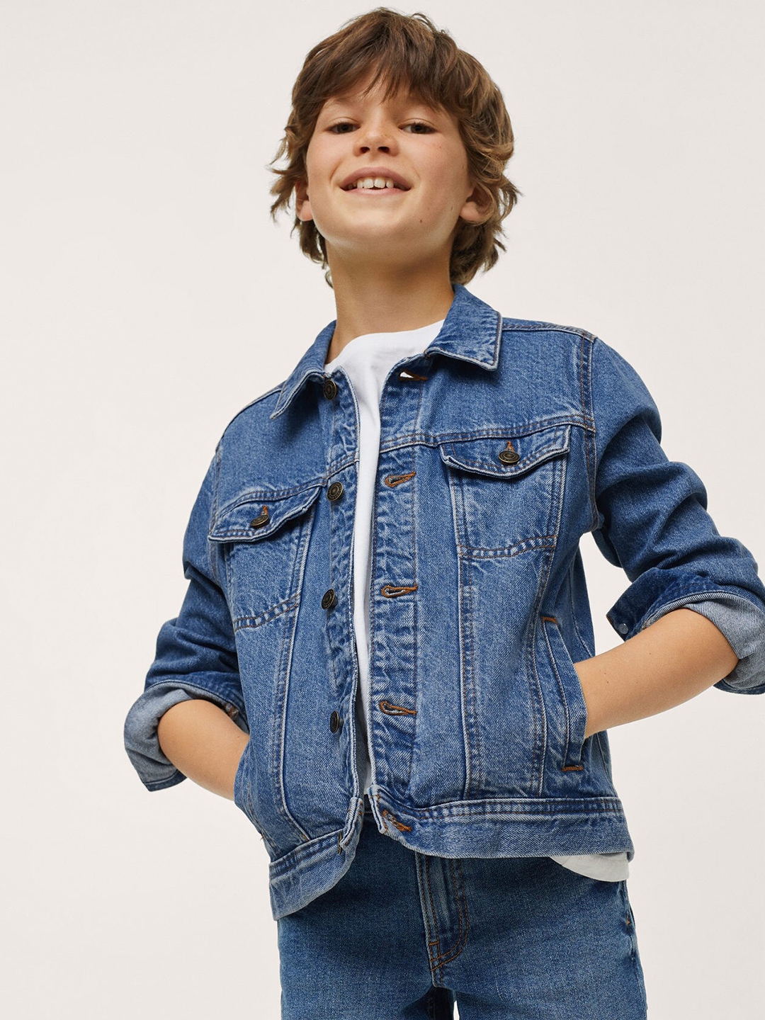 Buy Mango Kids Boys Blue Solid Pure Cotton Denim Jacket - Jackets for ...