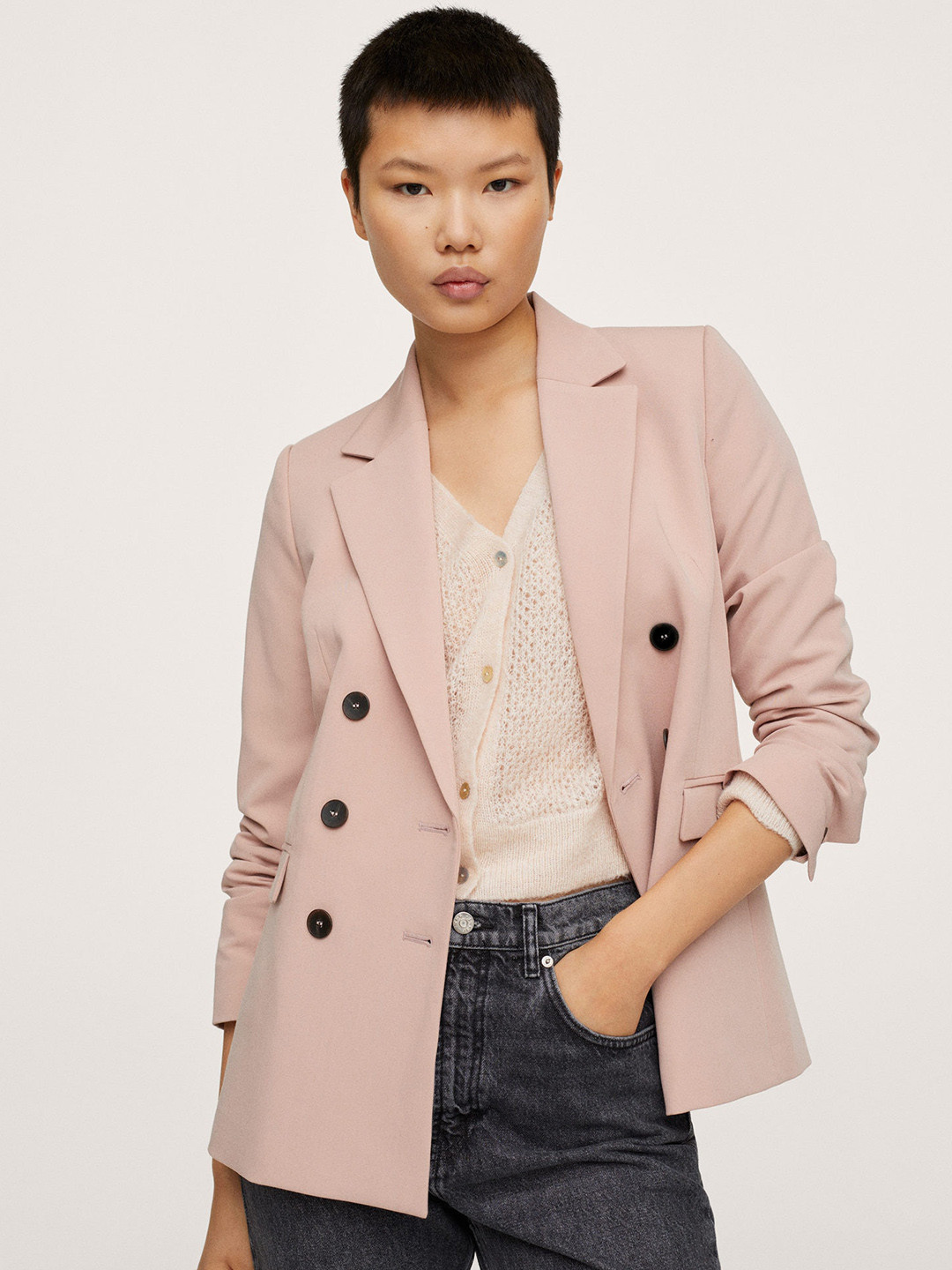 Buy MANGO Women Pink Solid Double Breasted Oversized Smart Casual