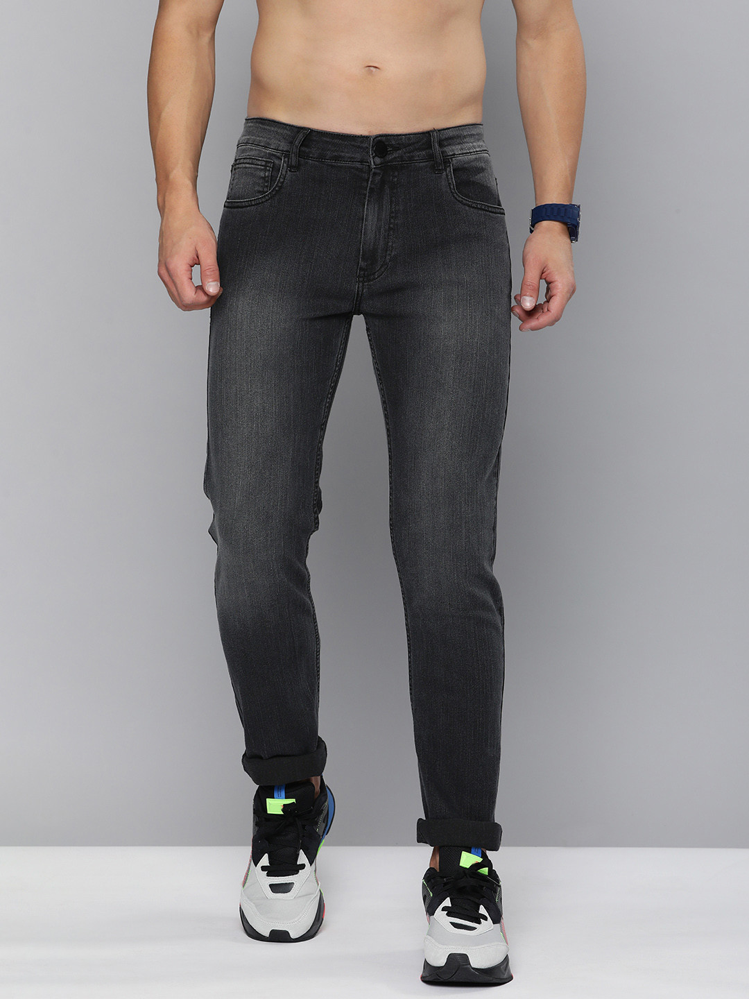 Buy HERE&NOW Men Charcoal Slim Fit Mid Rise Light Fade Stretchable