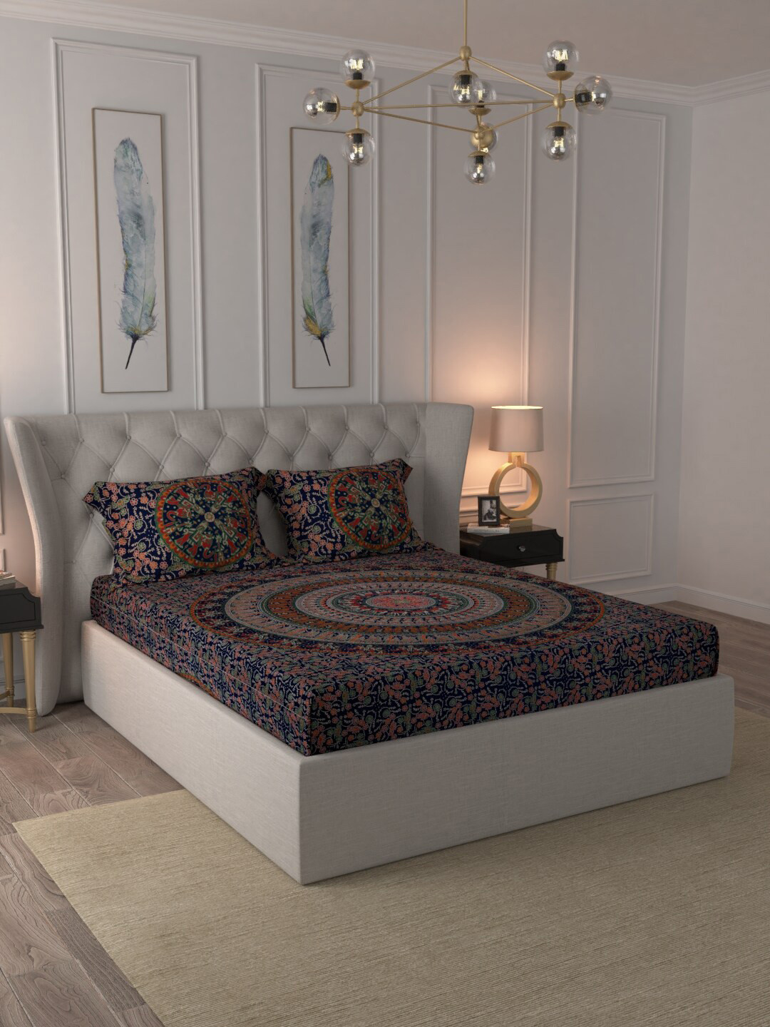 Buy JAIPUR FABRIC Blue & Mustard Ethnic Motifs 300 TC Queen Bedsheet