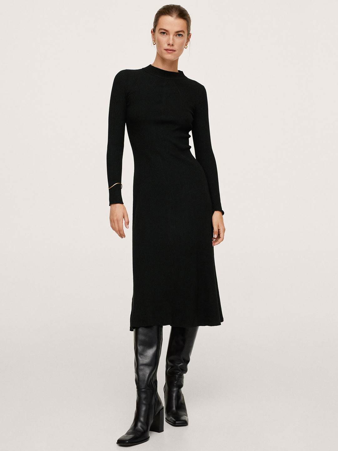 Buy MANGO Women Black A Line Ribbed Midi Dress Dresses for Women