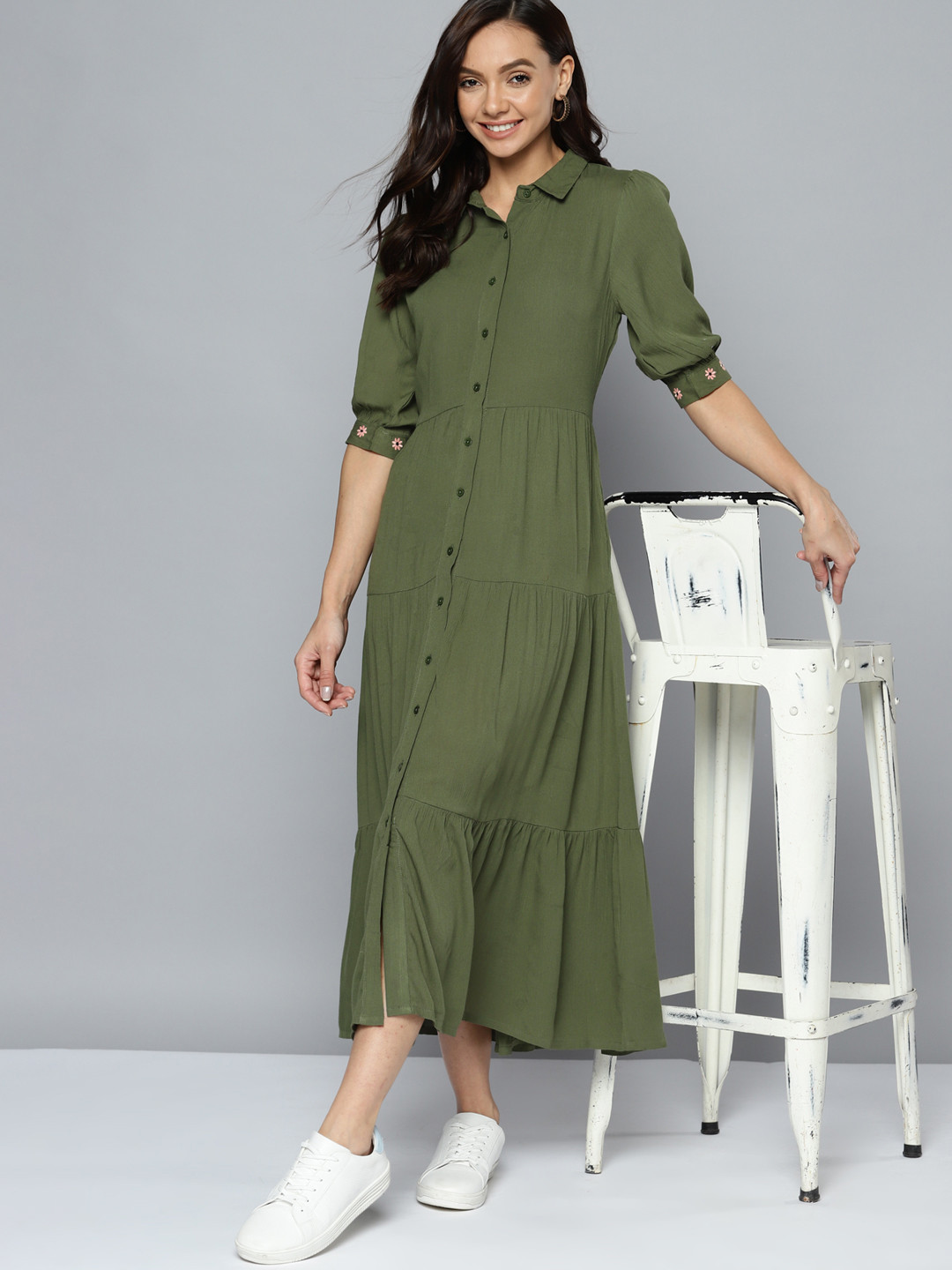 Buy Mast & Harbour Olive Green Solid Tiered Shirt Dress Dresses for
