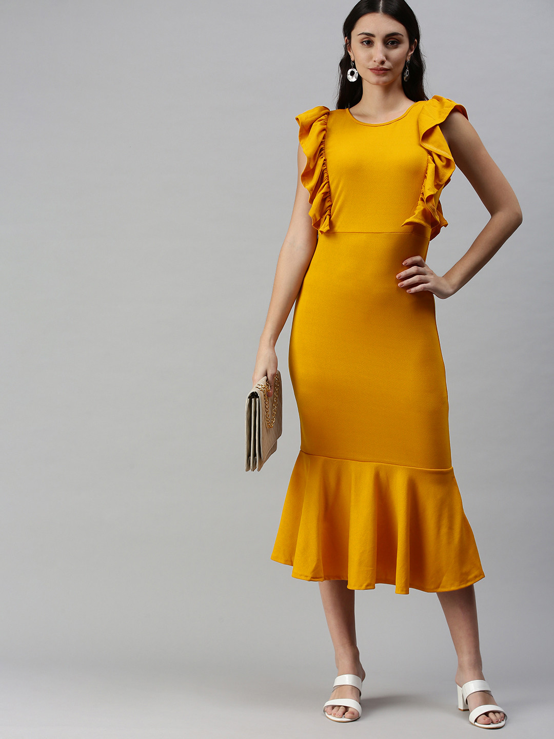 Buy Selvia Mustard Yellow Scuba Bodycon Midi Dress - Dresses for Women ...