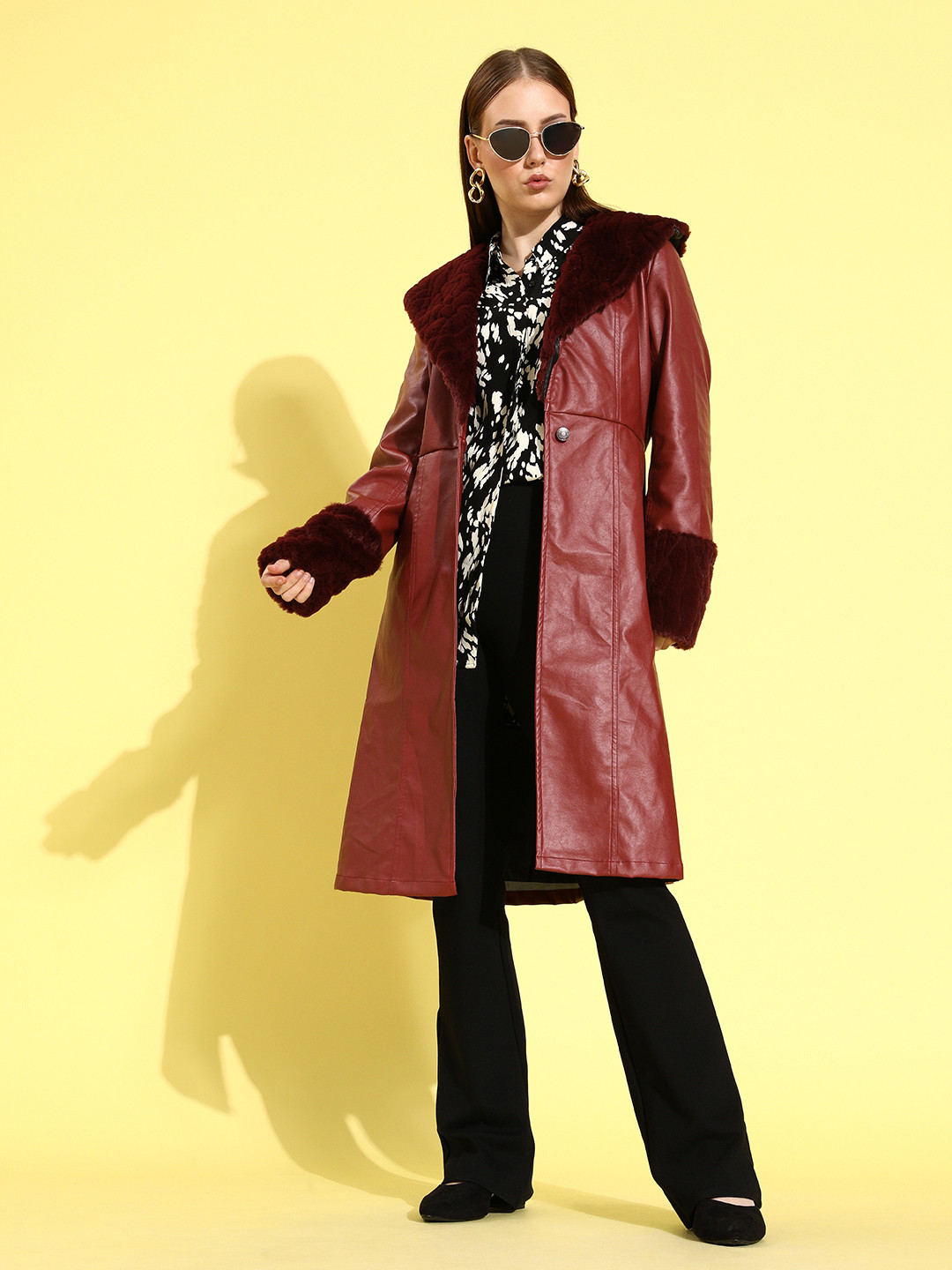 Buy Athena Women Maroon Fur Detailed Knee Length Leather Trench Coat