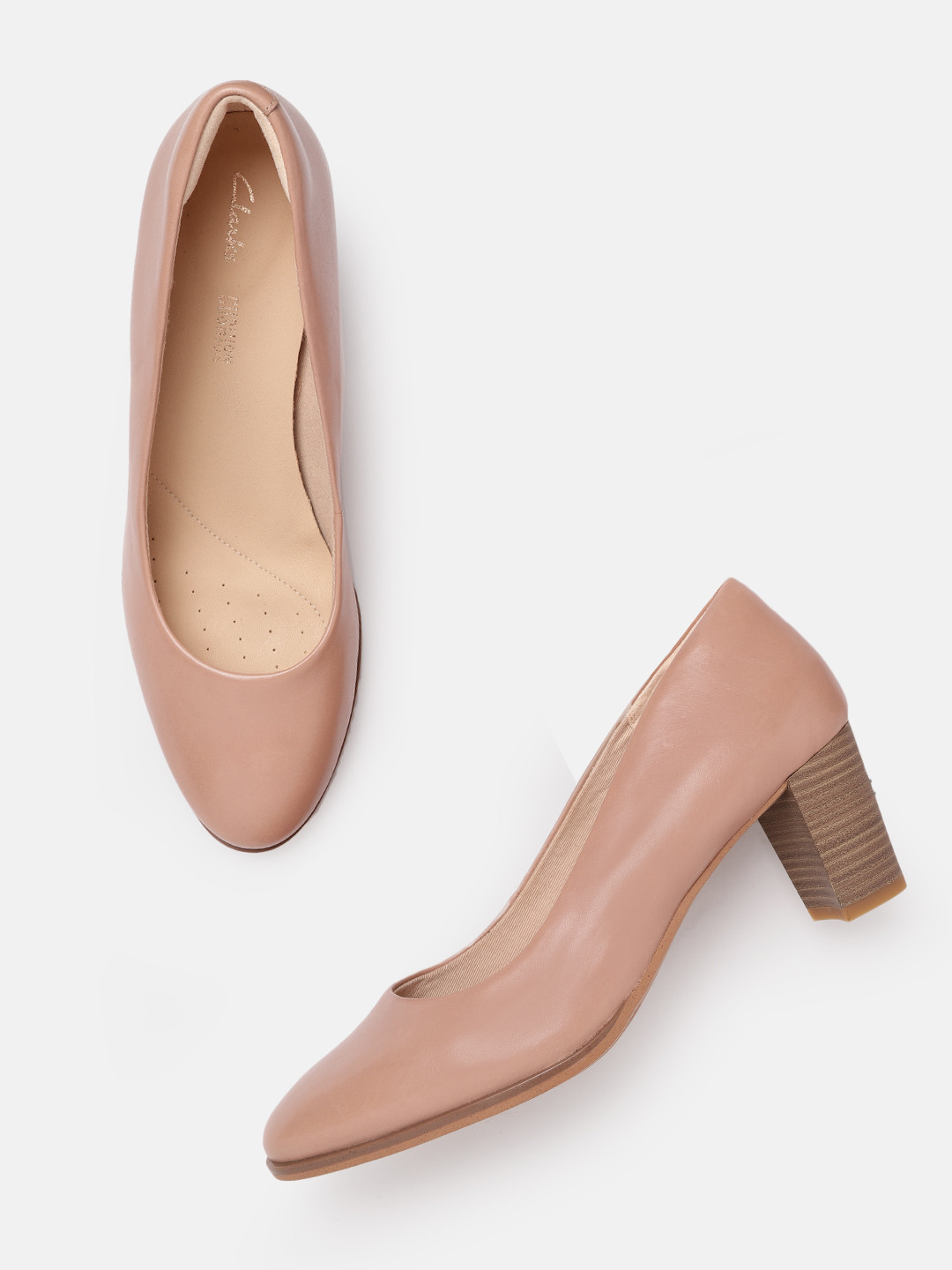 Buy Clarks Beige Solid Leather Block Pumps With Glossy Finish Heels