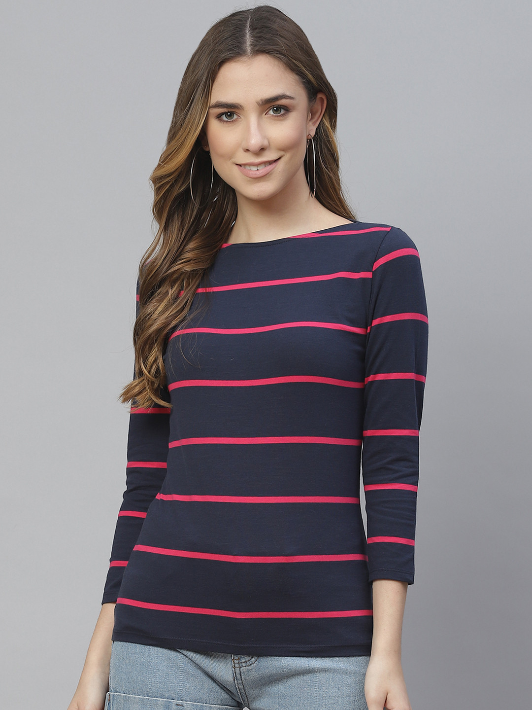 Buy Marks & Spencer Women Navy Blue & Pink Striped Pure Cotton Slim Fit