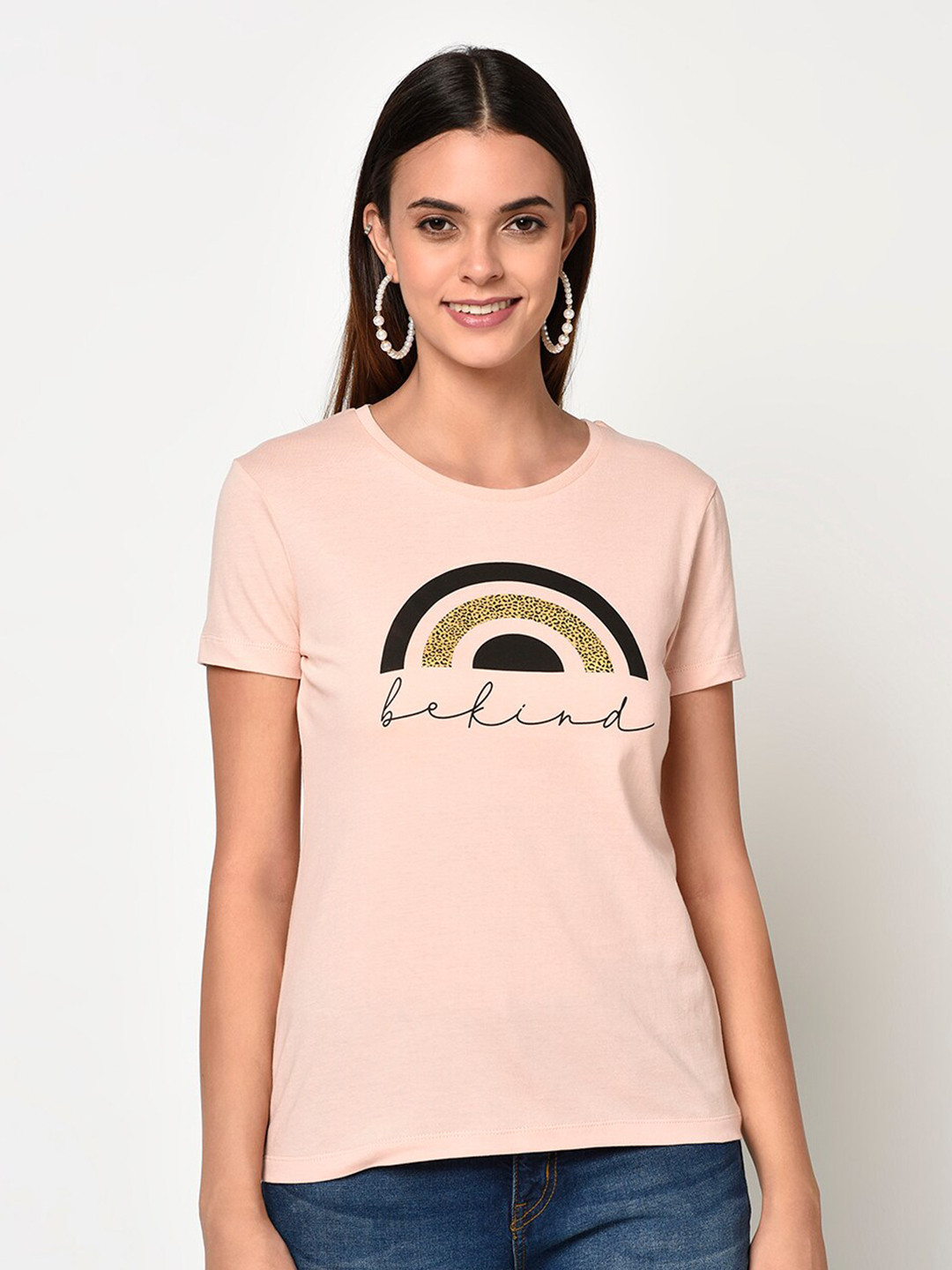 Women's Peach Typography Printed Cotton T-Shirt Dress