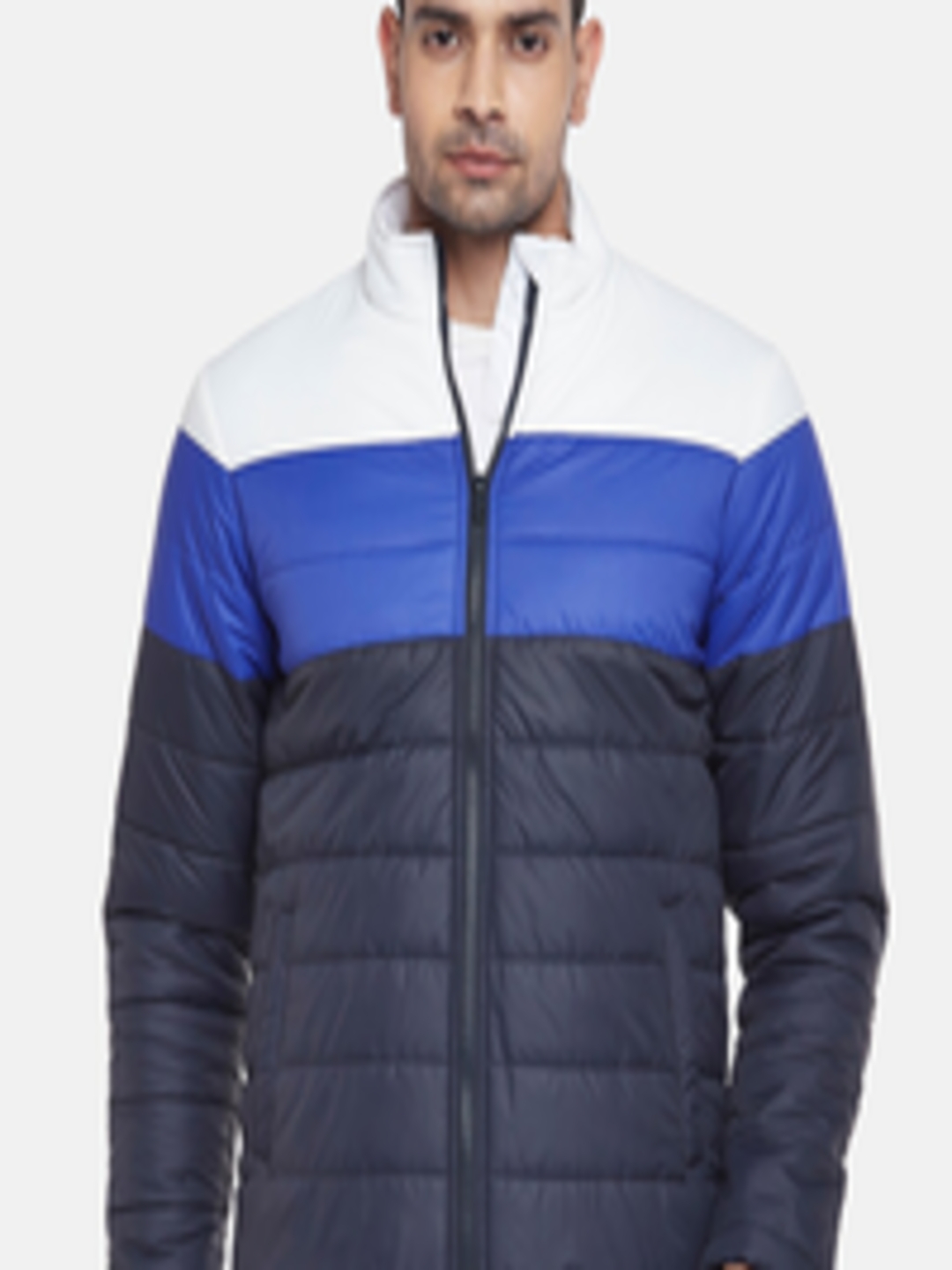 Buy People Men Blue & White Colourblocked Puffer Jacket - Jackets for