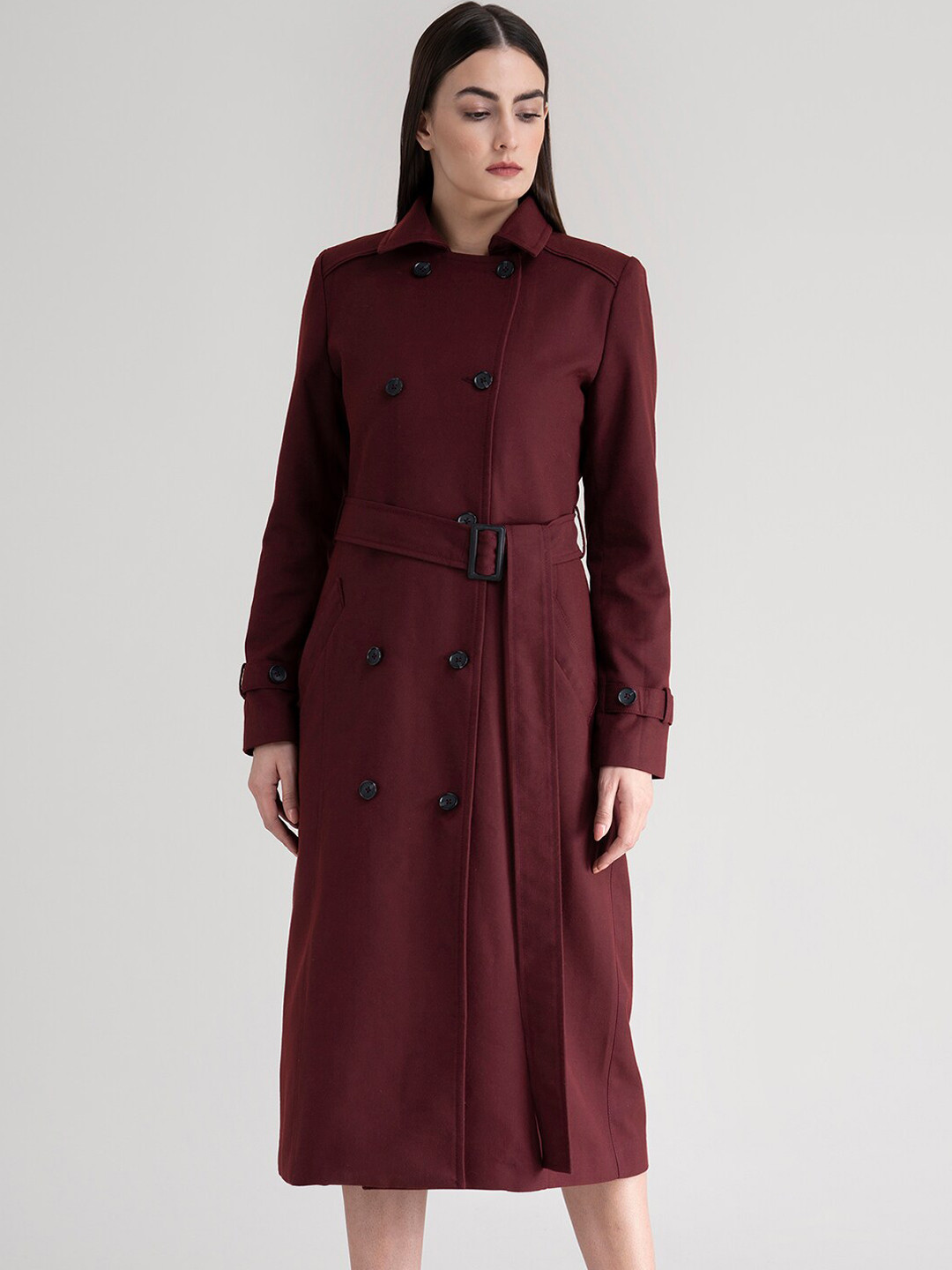 Buy FableStreet Women Maroon Solid Slim Fit Double Breasted Trench Coat