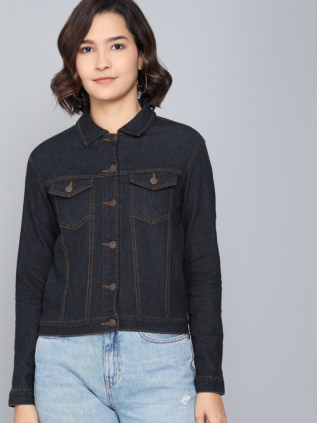 Buy Kotty Women Navy Blue Washed Cotton Denim Jacket Jackets for