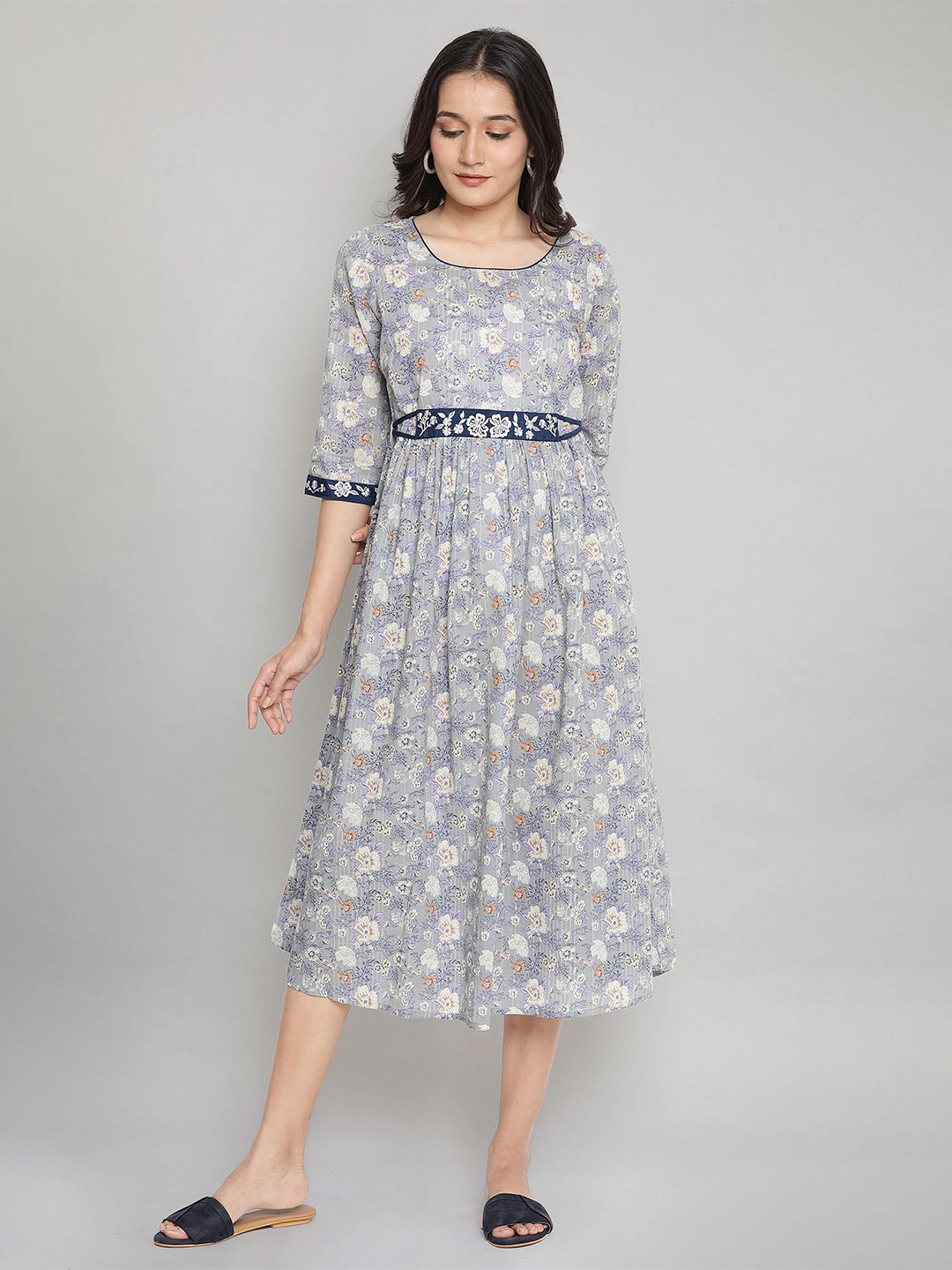 Buy AURELIA Grey Floral Printed Midi Pure Cotton Dress Ethnic Dresses