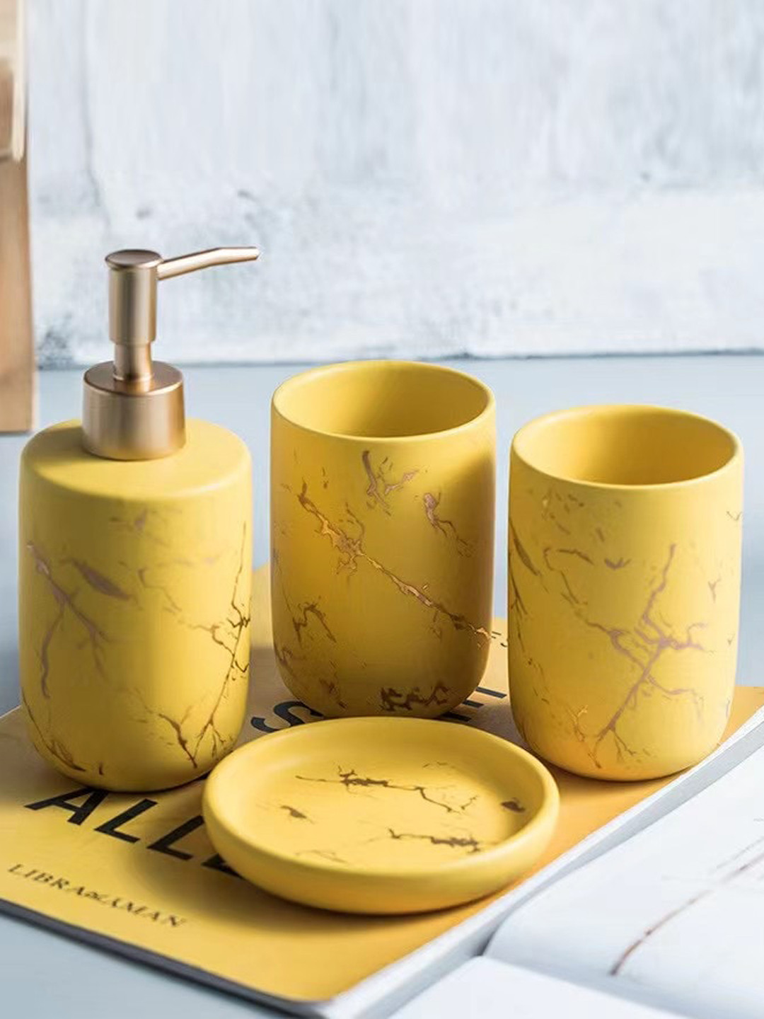 Buy FabSeasons Yellow & Gold Toned Marble Finish Bathroom Accessories 4