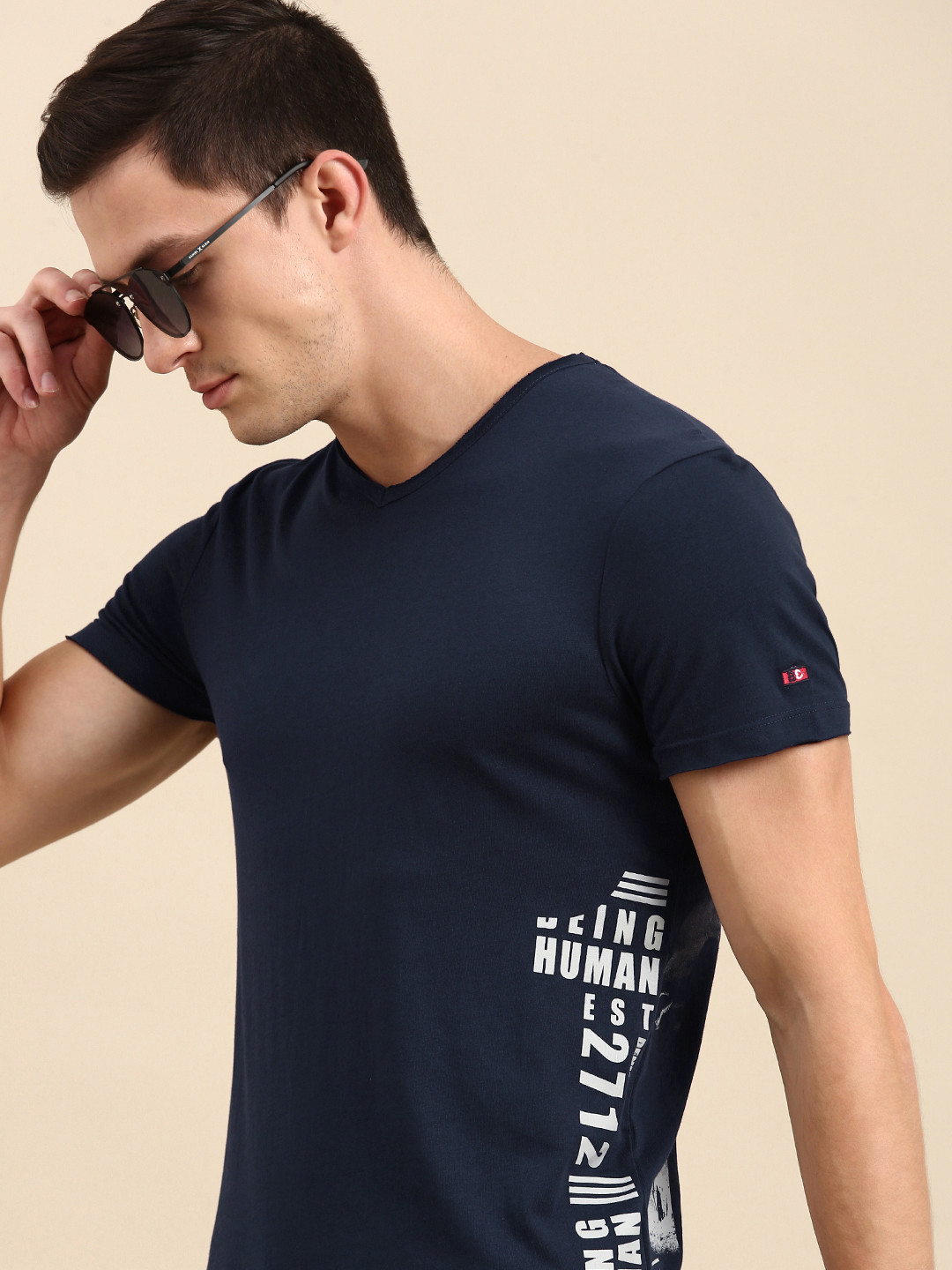 Buy Being Human Men Navy Blue Typography Printed V Neck Pure Cotton T ...