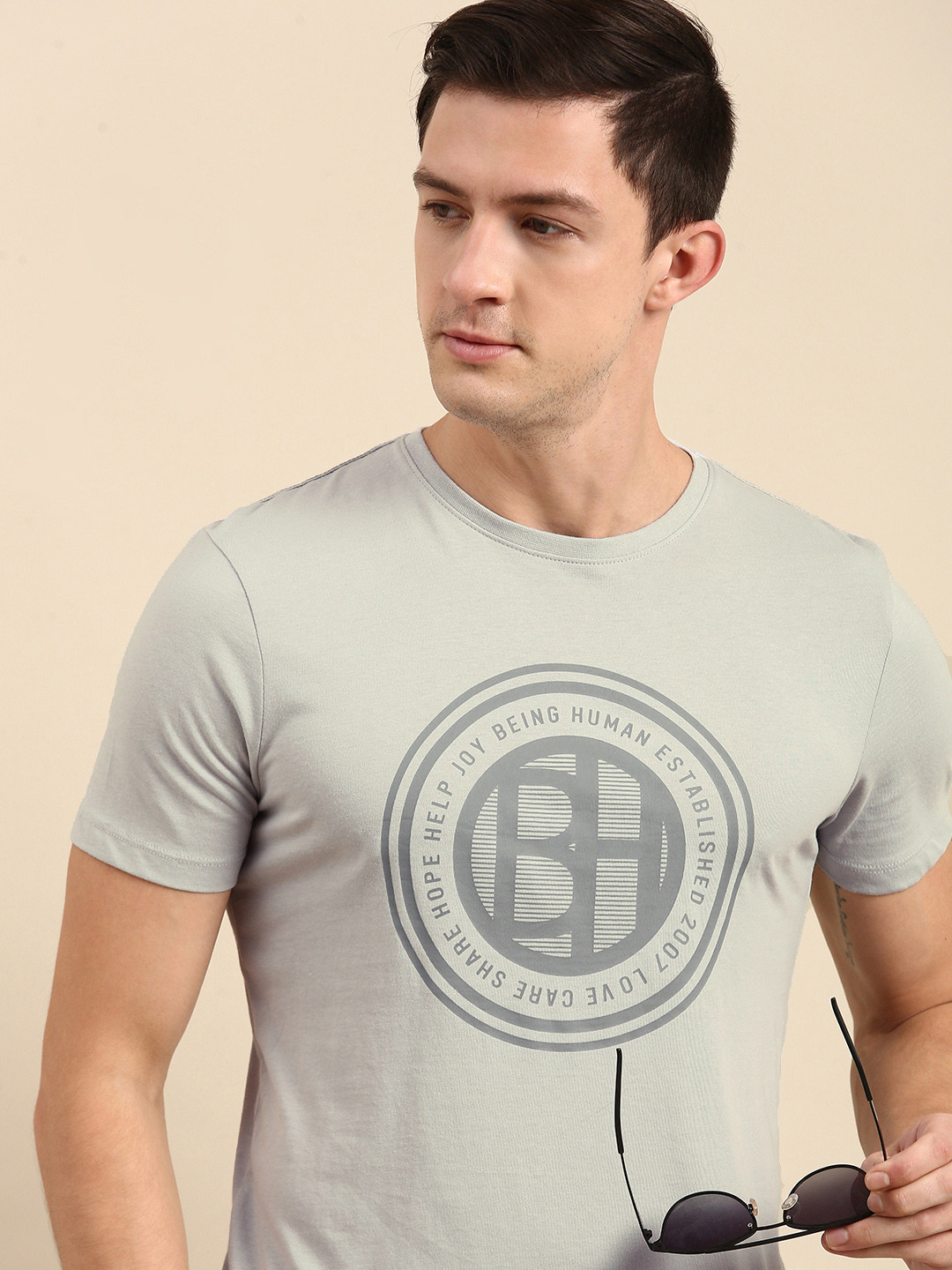 Buy Being Human Men Light Grey Brand Logo Printed Pure Cotton T Shirt