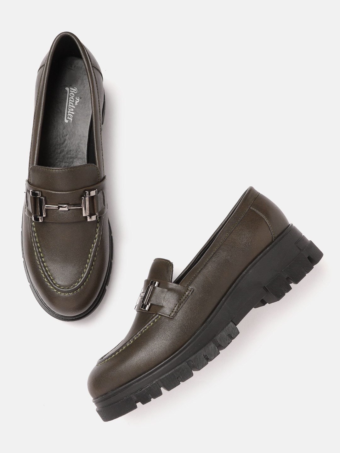 Buy Roadster Women Olive Green Solid Platform Horsebit Loafers With