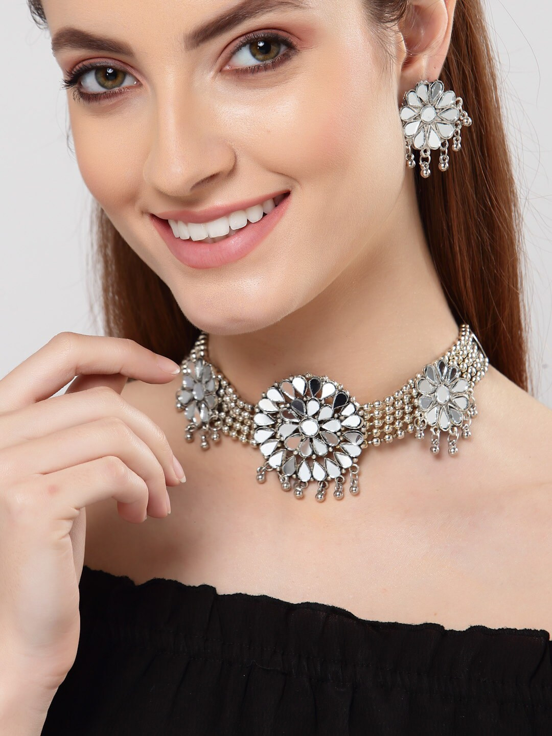 Buy Shining Diva Oxidised Silver Plated Mirror Jewellery Set