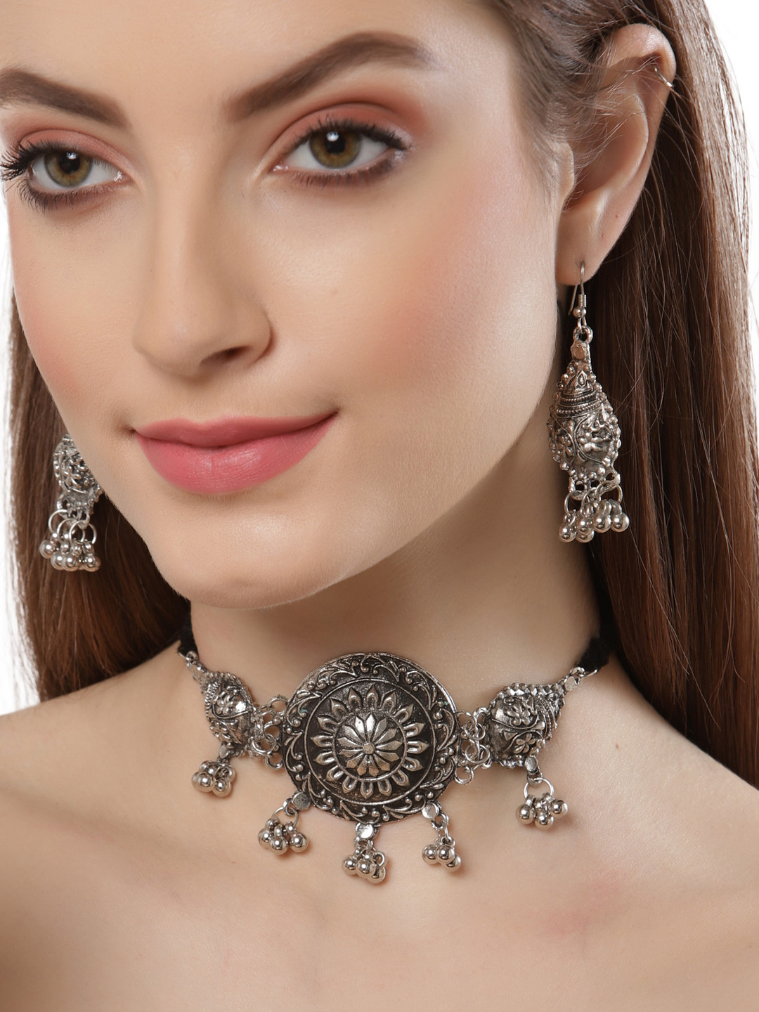 Buy Shining Diva Silver Plated &amp; Black Oxidised Jewellery Set ...