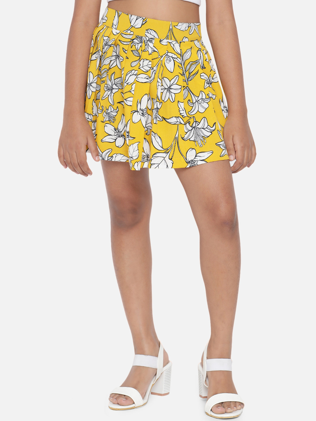 Buy Luyk Mustard Floral Print Flared Mini Skirt Skirts for Girls