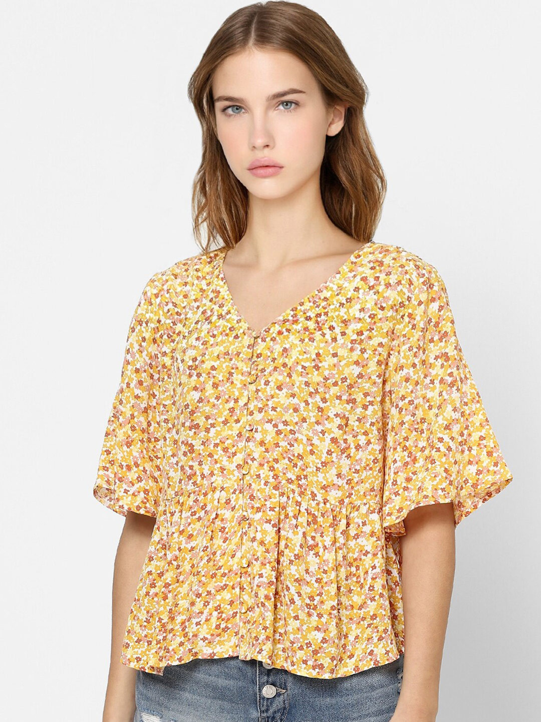 Buy ONLY Yellow & Pink Floral Printed A Line Top Tops for Women