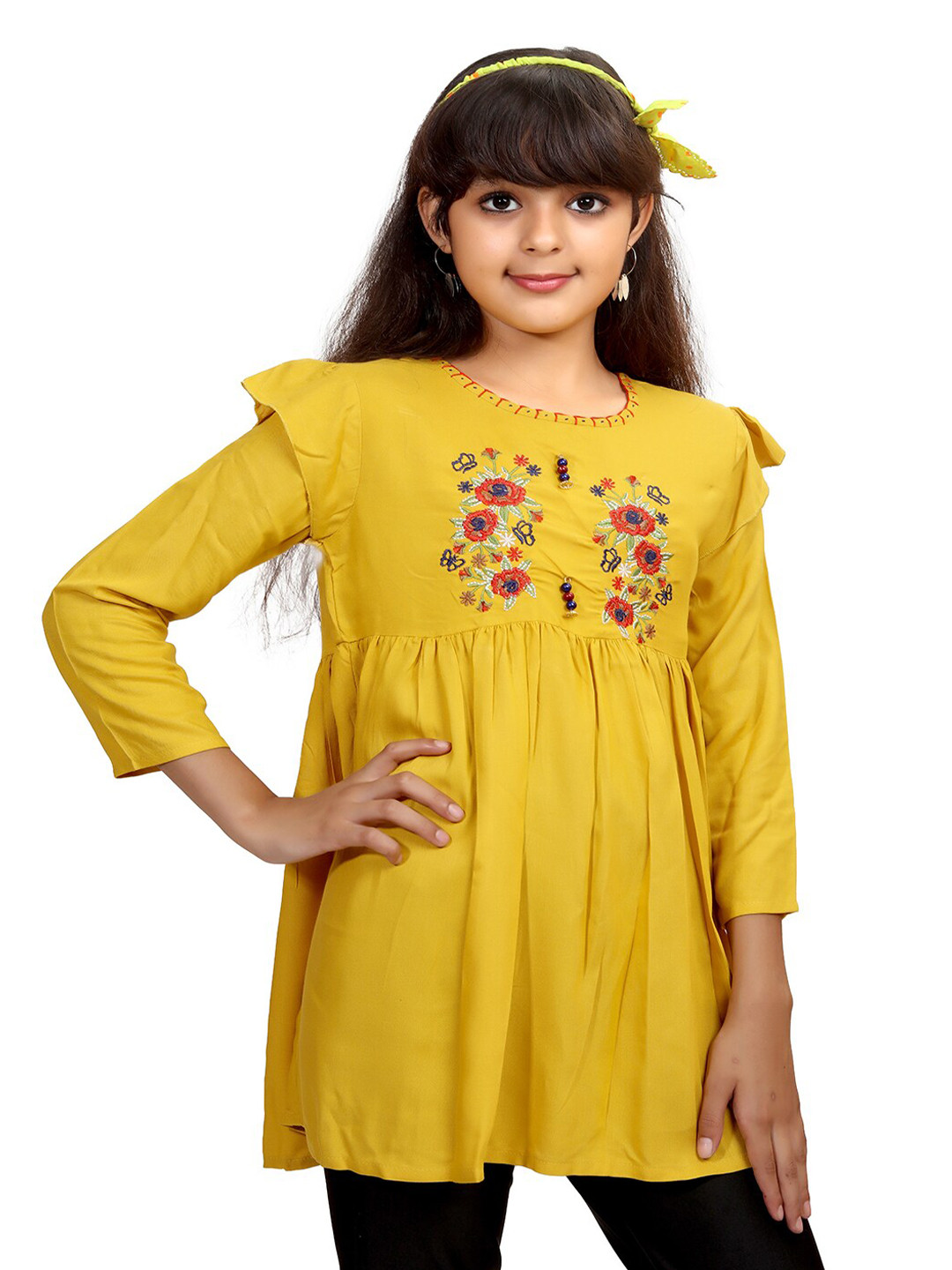 Buy Ishin Mustard Yellow & Red Floral Embroidered Empire Top Tops for