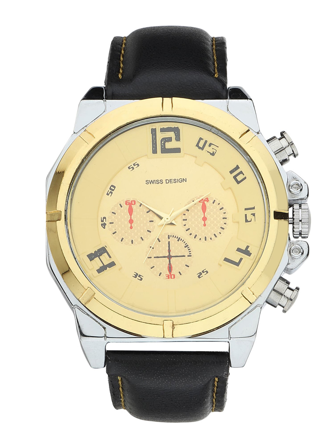 Buy Swiss Design Men Gold Toned Dial & Black Leather Straps Analogue