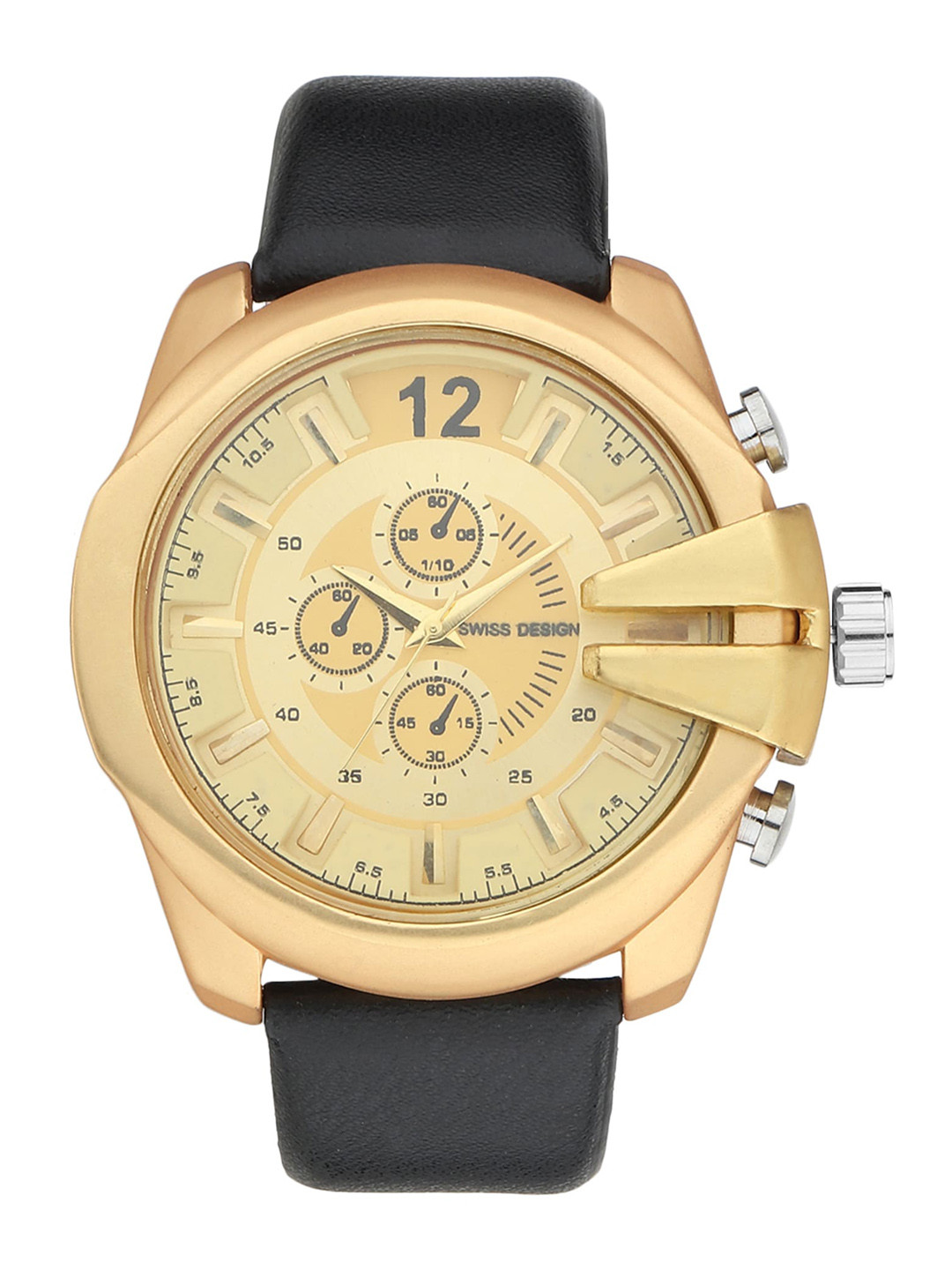 Buy Swiss Design Men Gold Toned Dial & Black Leather Straps Analogue