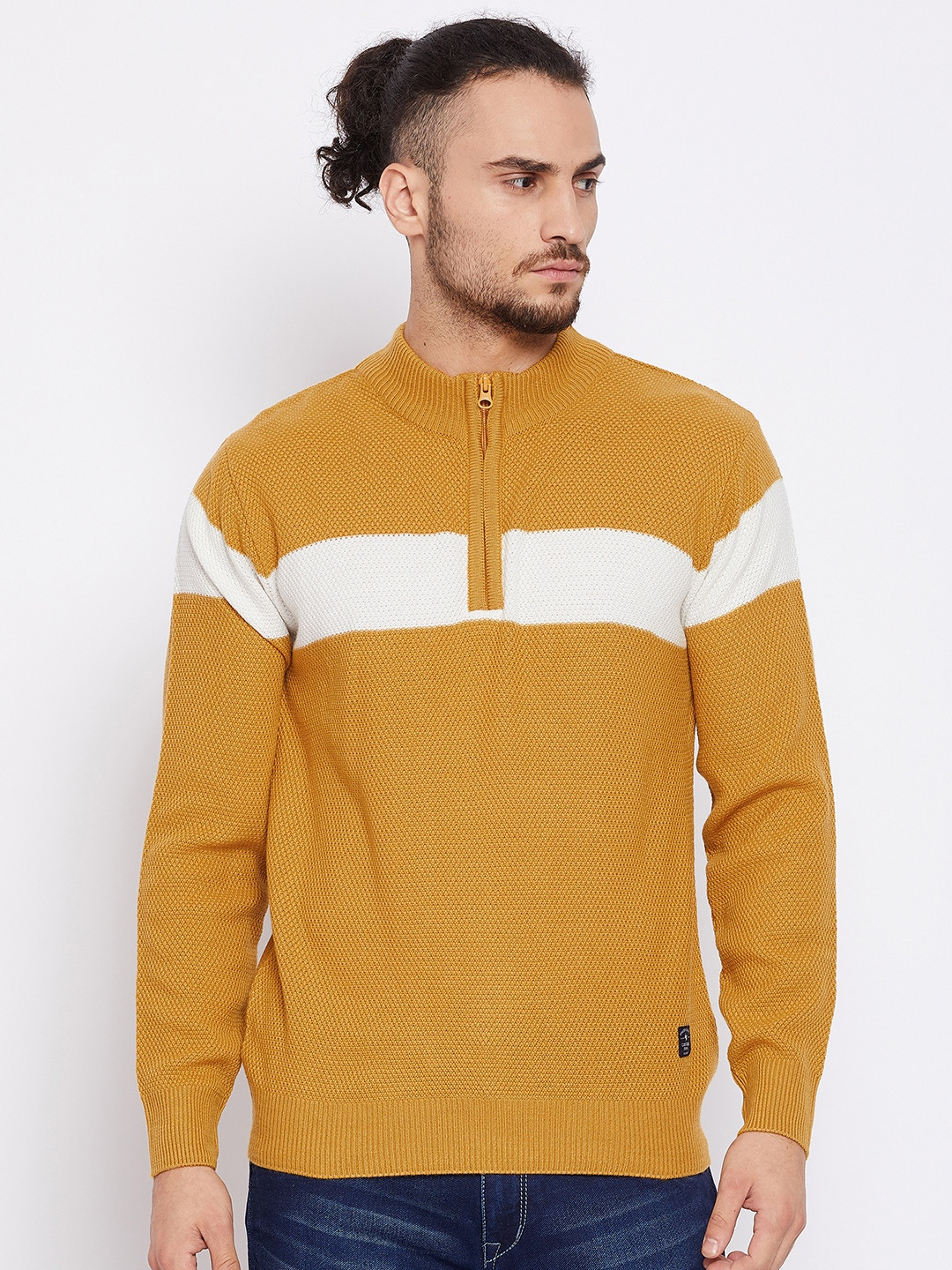 Buy Cantabil Men Mustard Yellow & White Colourblocked Pullover With Zip