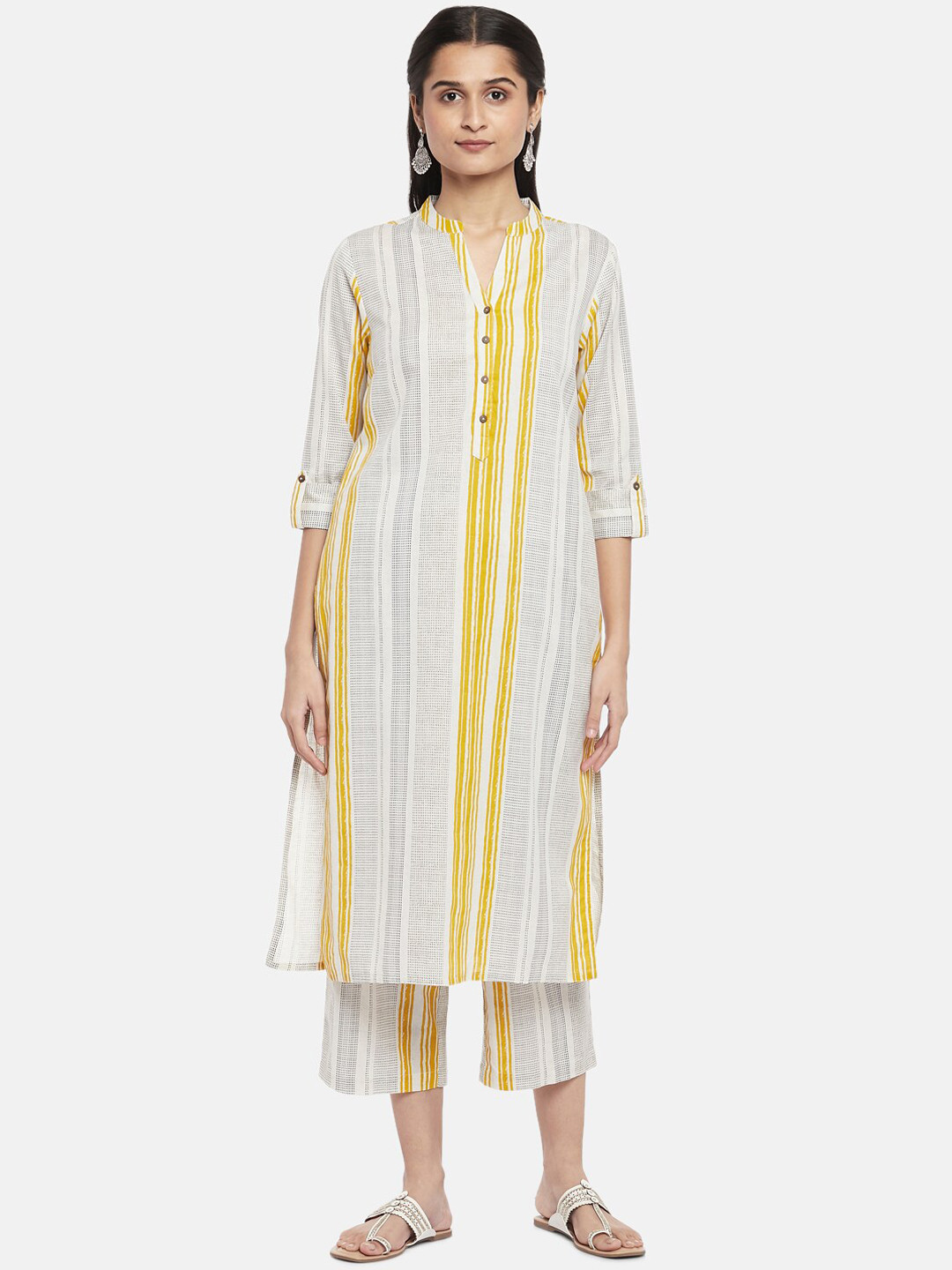 Buy RANGMANCH BY PANTALOONS Mustard Yellow Striped Panelled Pure Cotton