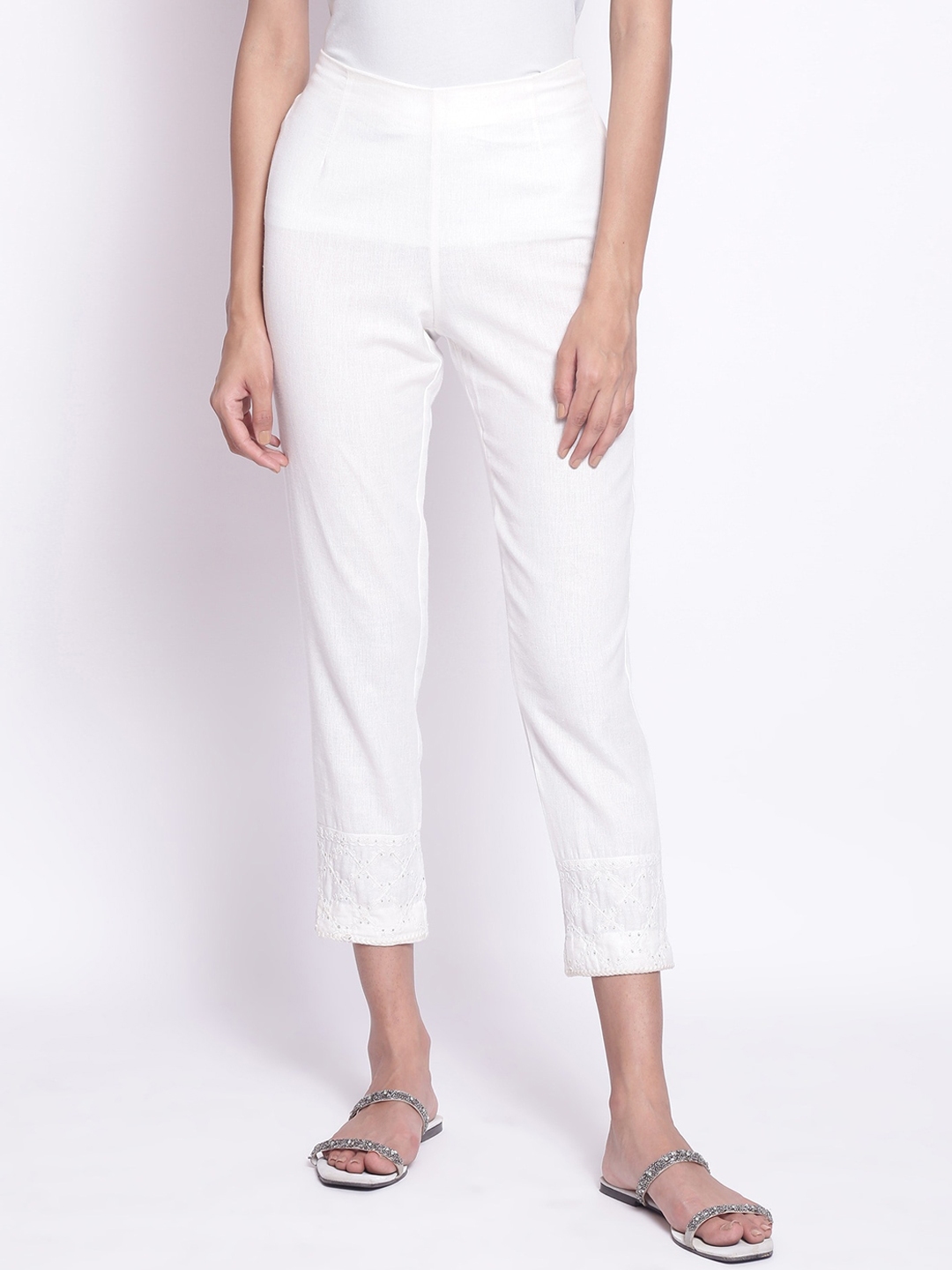 Buy W Women White Slim Fit Trousers - Trousers for Women 16018290 | Myntra