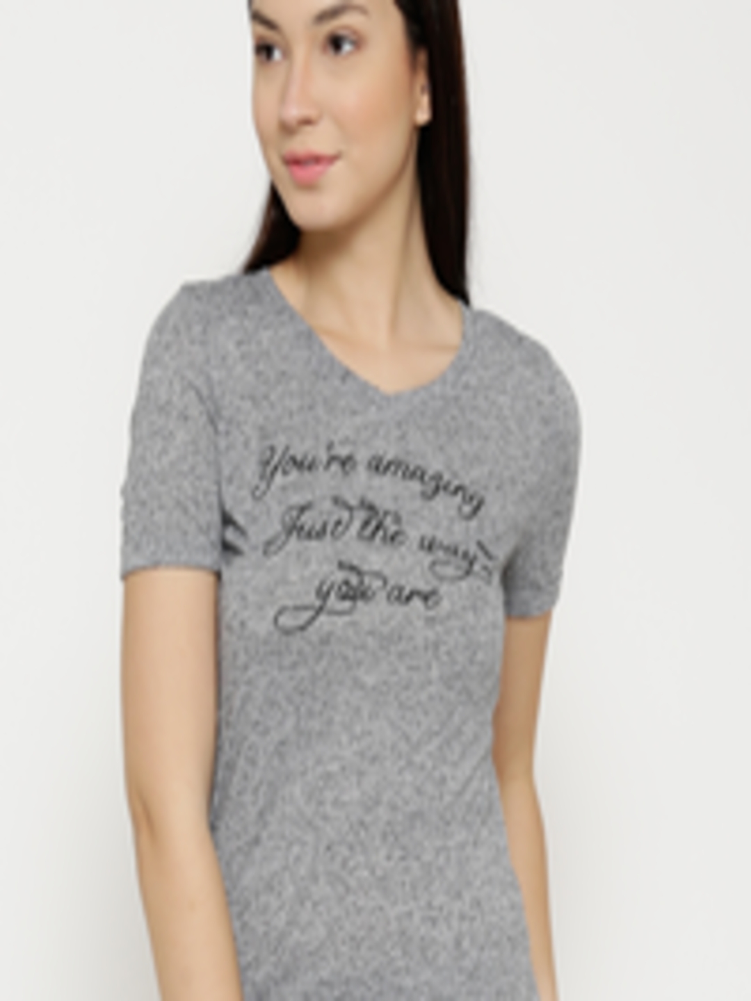 Buy Vero Moda Women Grey Melange Printed V Neck T Shirt - Tshirts for ...