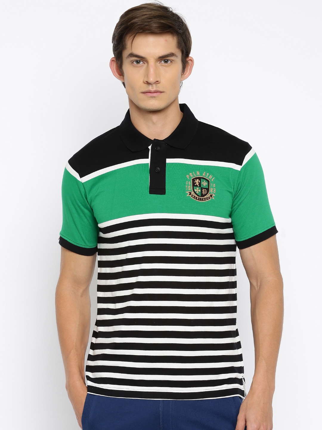 Buy Proline Men Black Green Striped Polo Collar Pure Cotton T Shirt ...