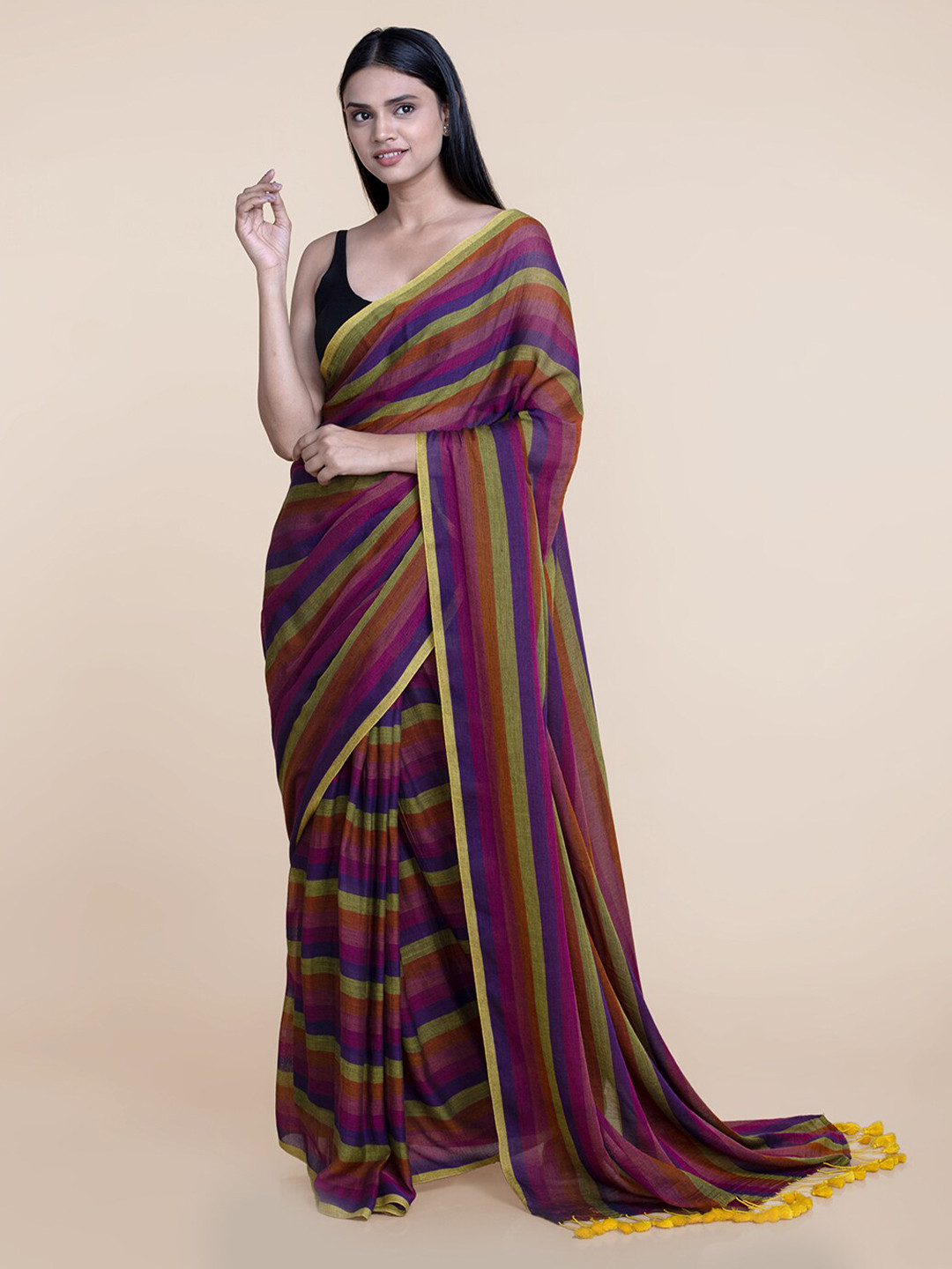 Buy Suta Women Multicolored Mul Cotton Zari Saree With Yellow Tassel