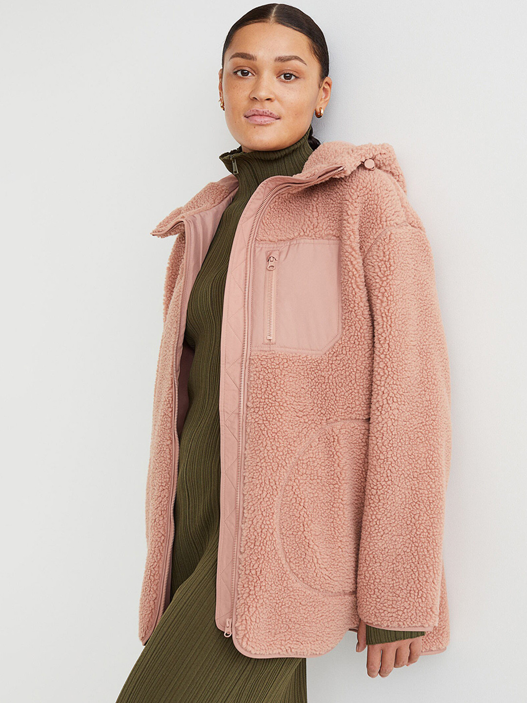 Buy H&M Women Pink Hooded Faux Shearling Jacket Jackets for Women
