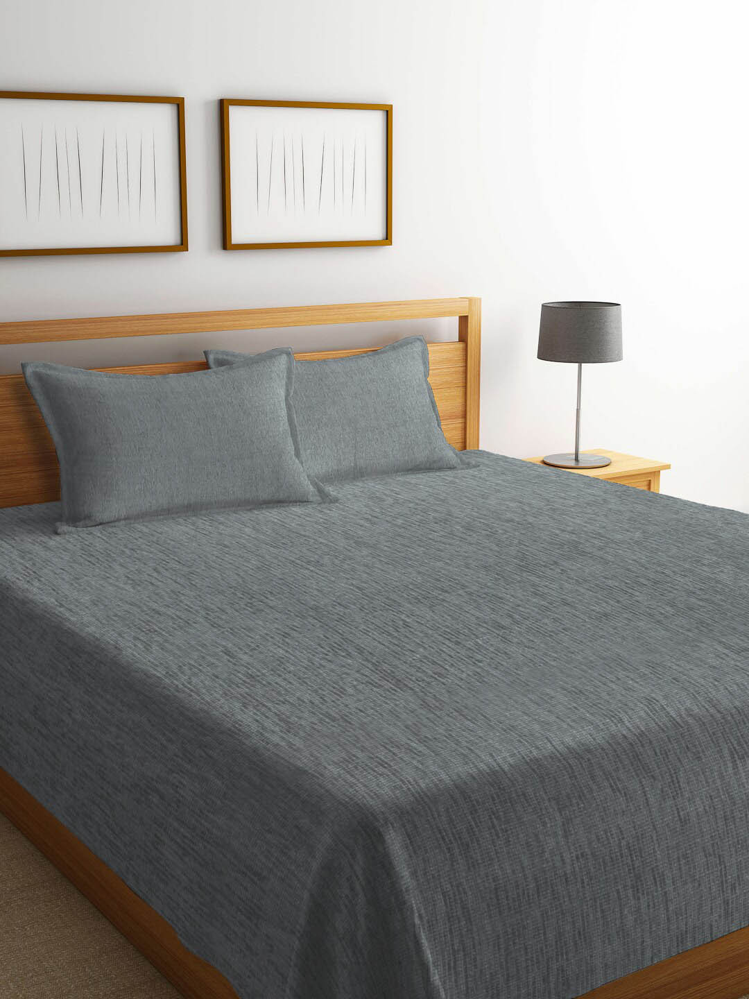 Buy KLOTTHE Grey Solid Cotton Double Bed Cover With 2 Pillow Covers