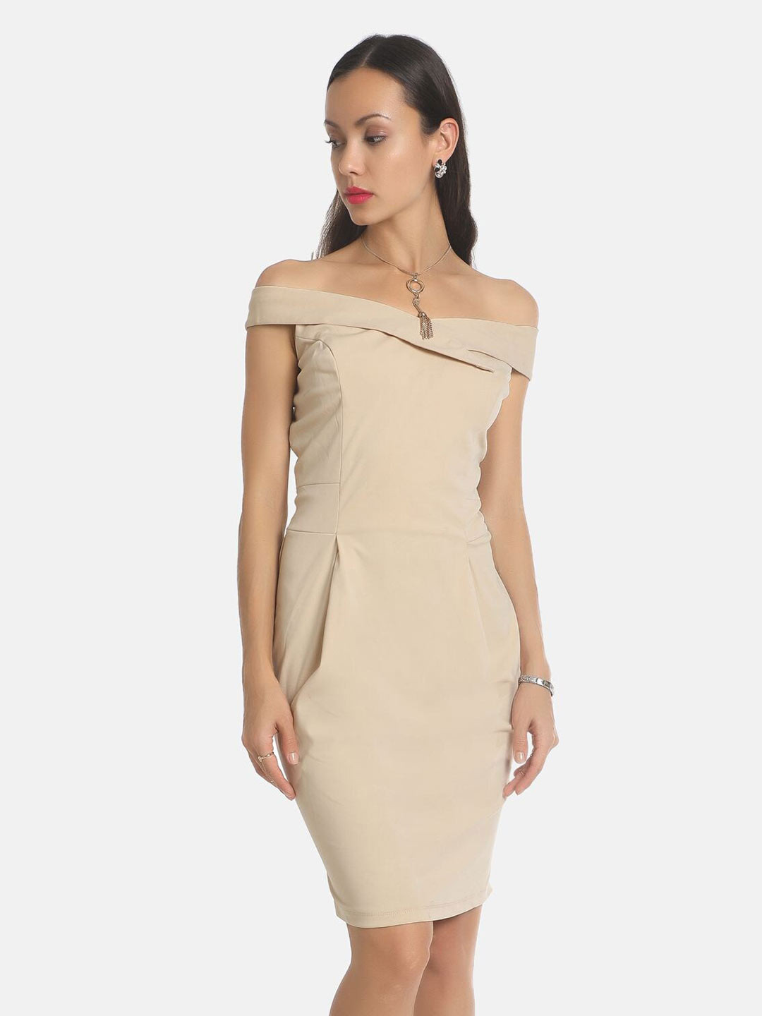 Beige Off Shoulder Long Sleeves Beaded Sheath Evening Dress main image 0