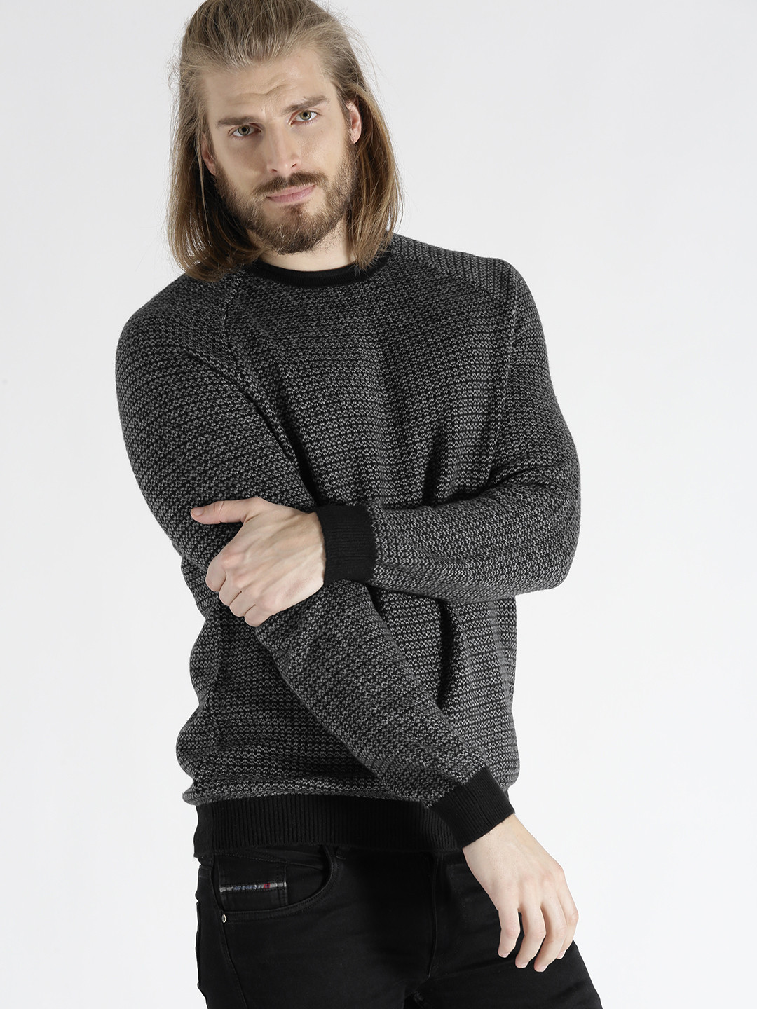 Buy S.Oliver Men Grey & Black Patterned Sweater Sweaters for Men