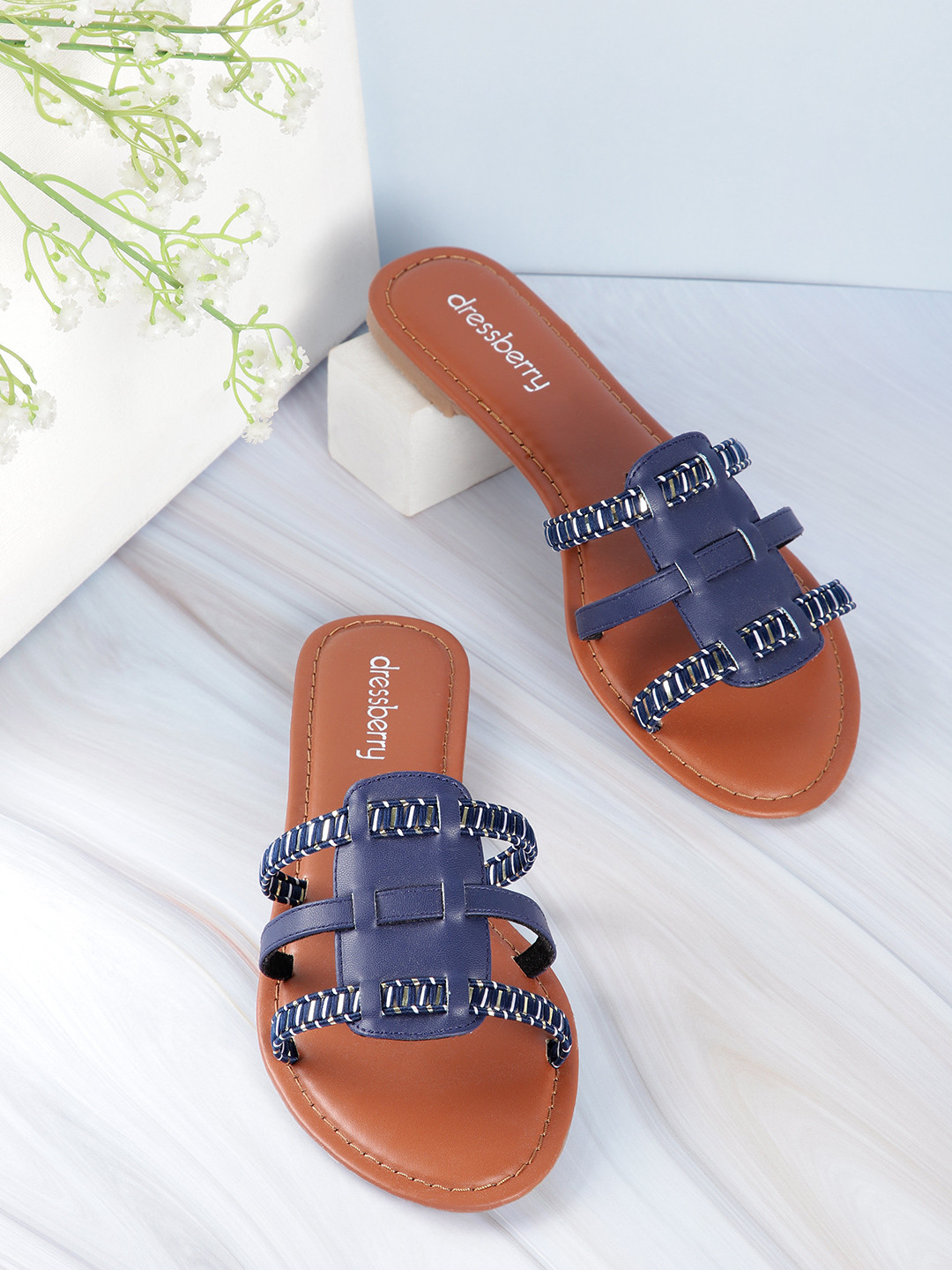 Buy DressBerry Women Navy Blue & White Striped Open Toe Flats Flats