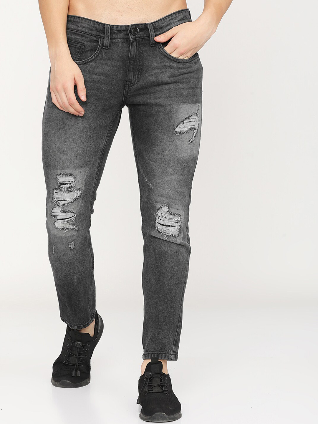 Buy HIGHLANDER Men Grey Tapered Fit Highly Distressed Heavy Fade