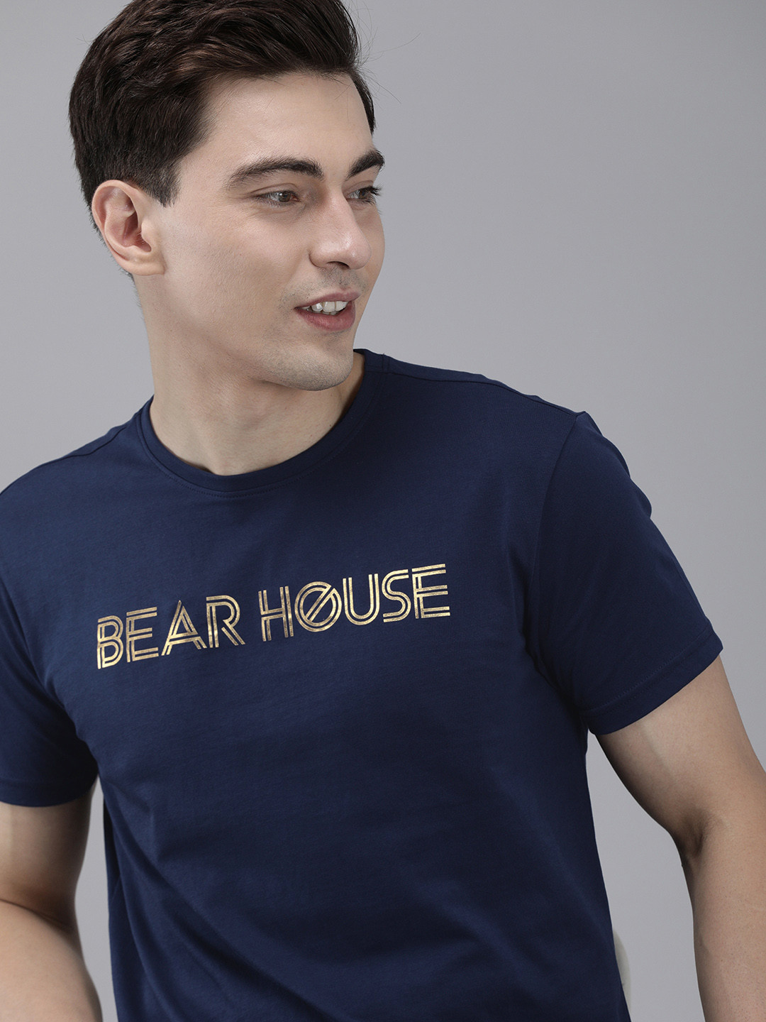 Buy THE BEAR HOUSE Men Blue Foil Printed Pure Cotton Slim Fit T Shirt