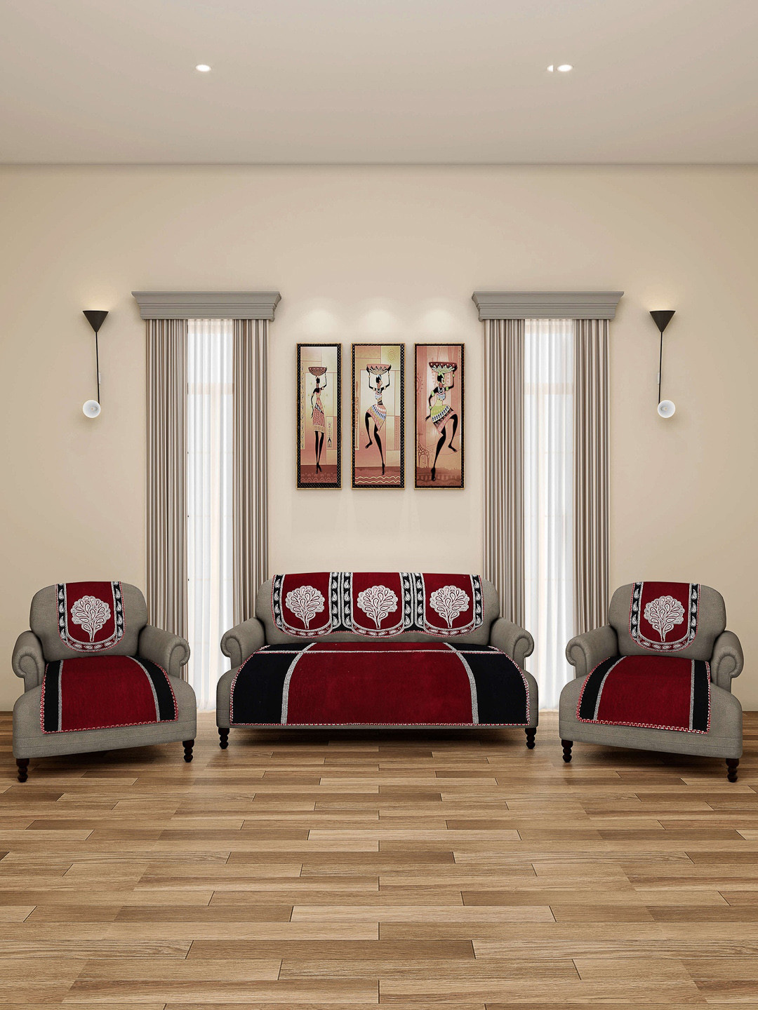 Buy Arrabi Red & Black Printed Cotton Blend Double 5 Seater Sofa Covers