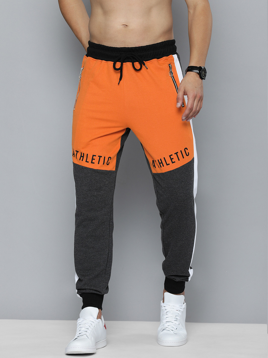 Buy HERE&NOW Men Charcoal Grey & Orange Colourblocked Joggers Track