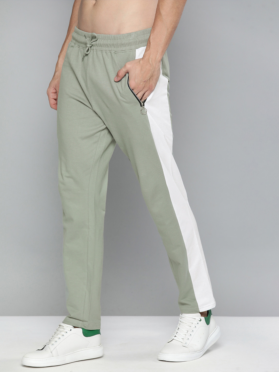 Buy HERE&NOW Men Olive Green Solid Pure Cotton Regular Track Pants With