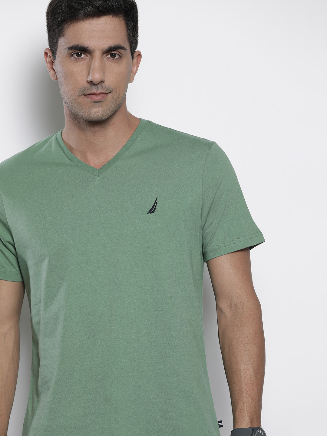 Buy Nautica Men Olive Green V Neck Pure Cotton Slim Fit T Shirt ...