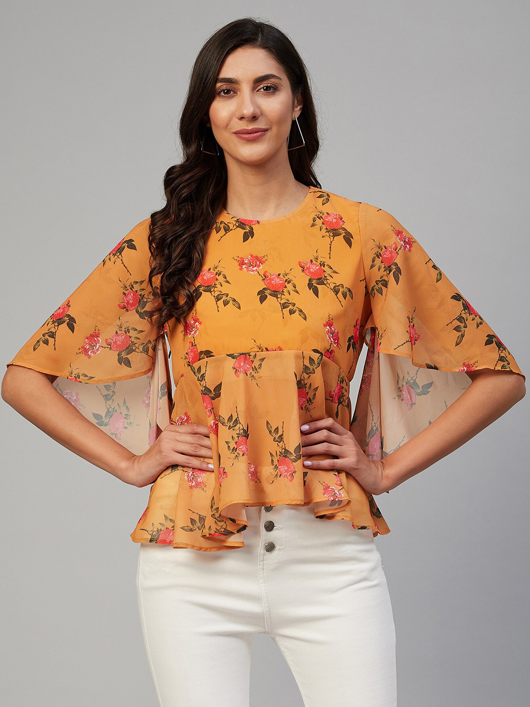 Buy Orchid Blues Mustard Yellow Floral Peplum Top Tops for