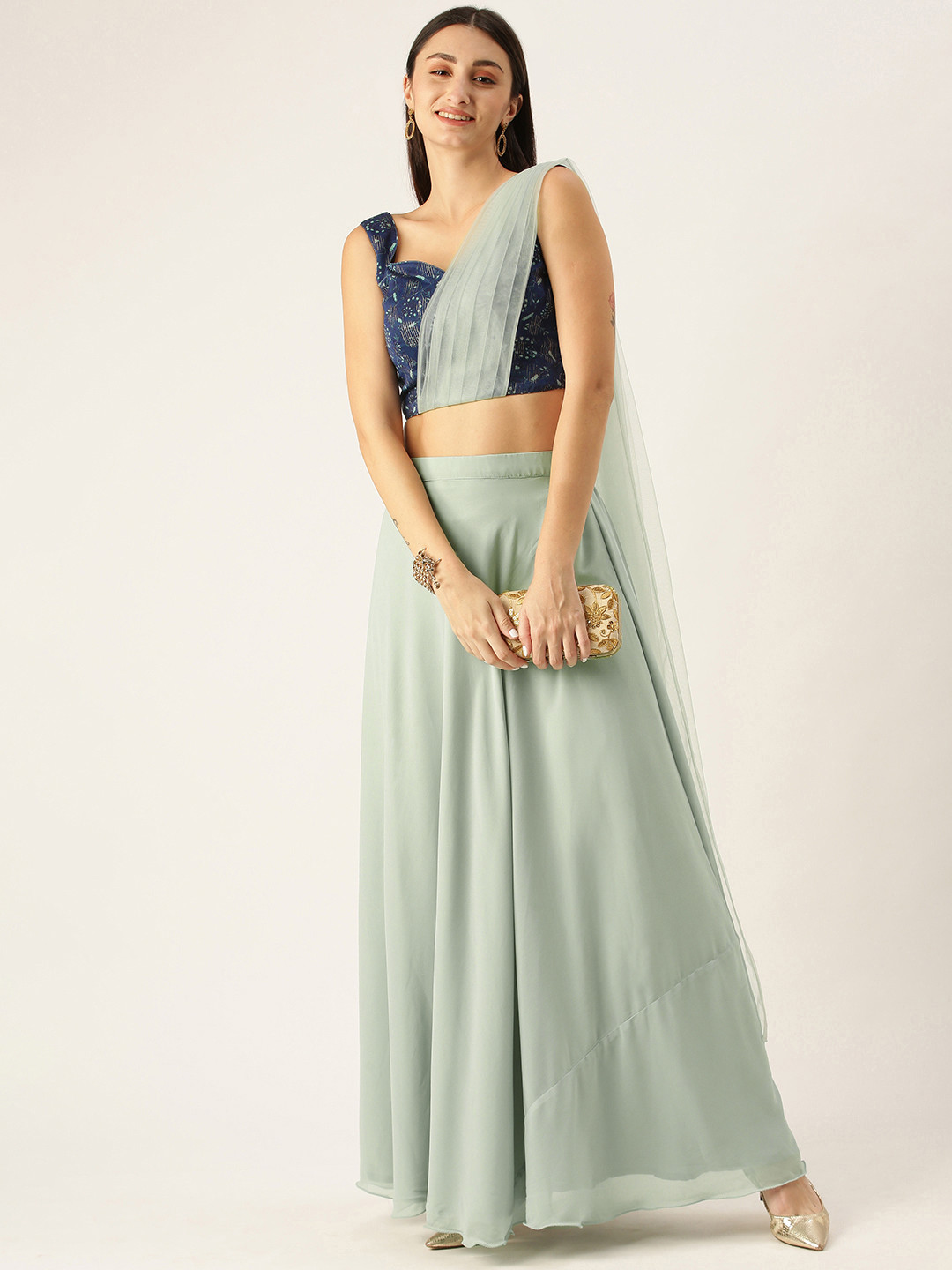 Buy Ethnovog Navy Blue Mint Green Made To Measure Lehenga Blouse With