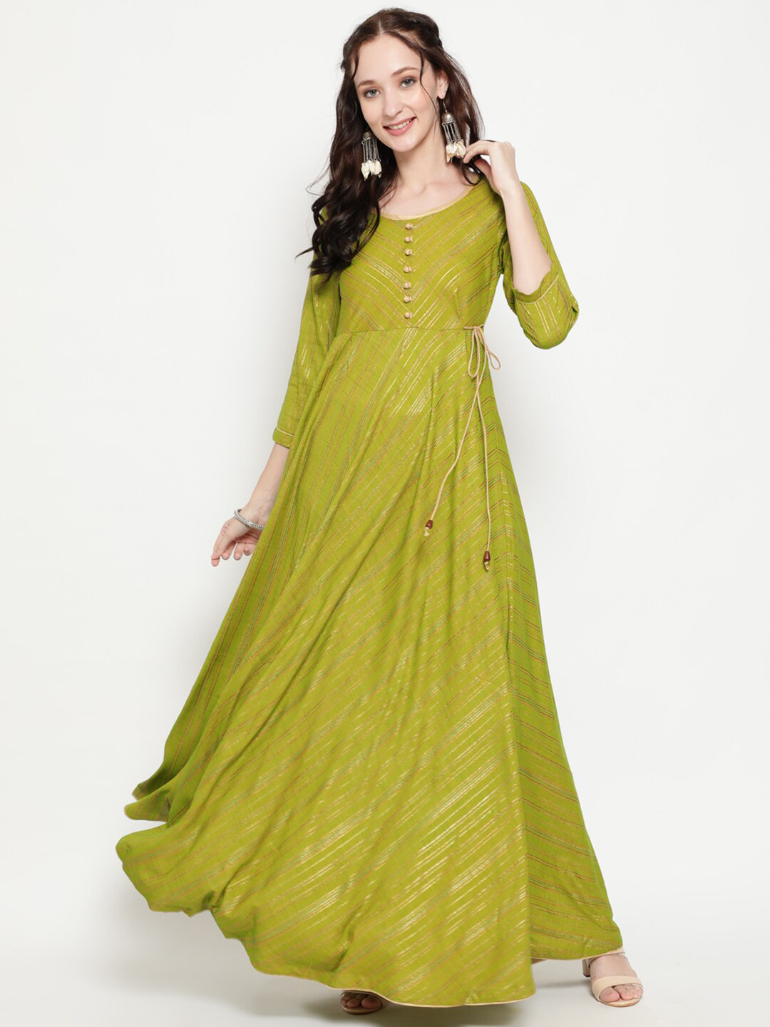 Buy Antaran Green & Golden Toned Embellished Flared Maxi Dress