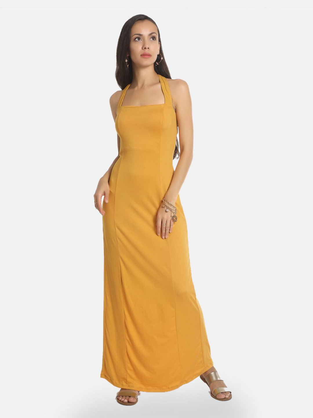 Buy AARA Women Yellow Halter Neck Maxi Dress - Dresses for Women ...