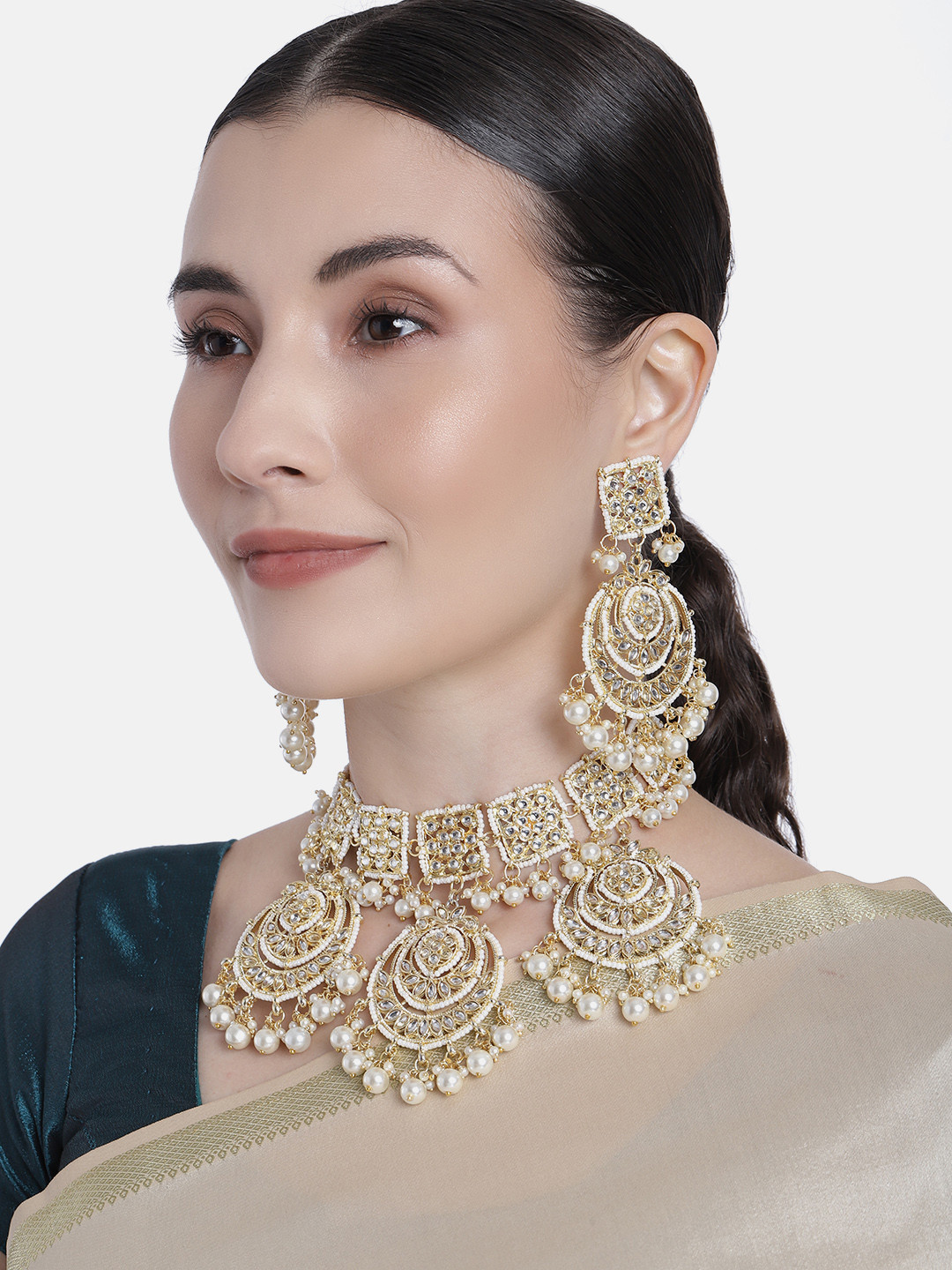 Buy I Jewels White Gold Plated Kundan & Pearl Embellished Jewellery Set